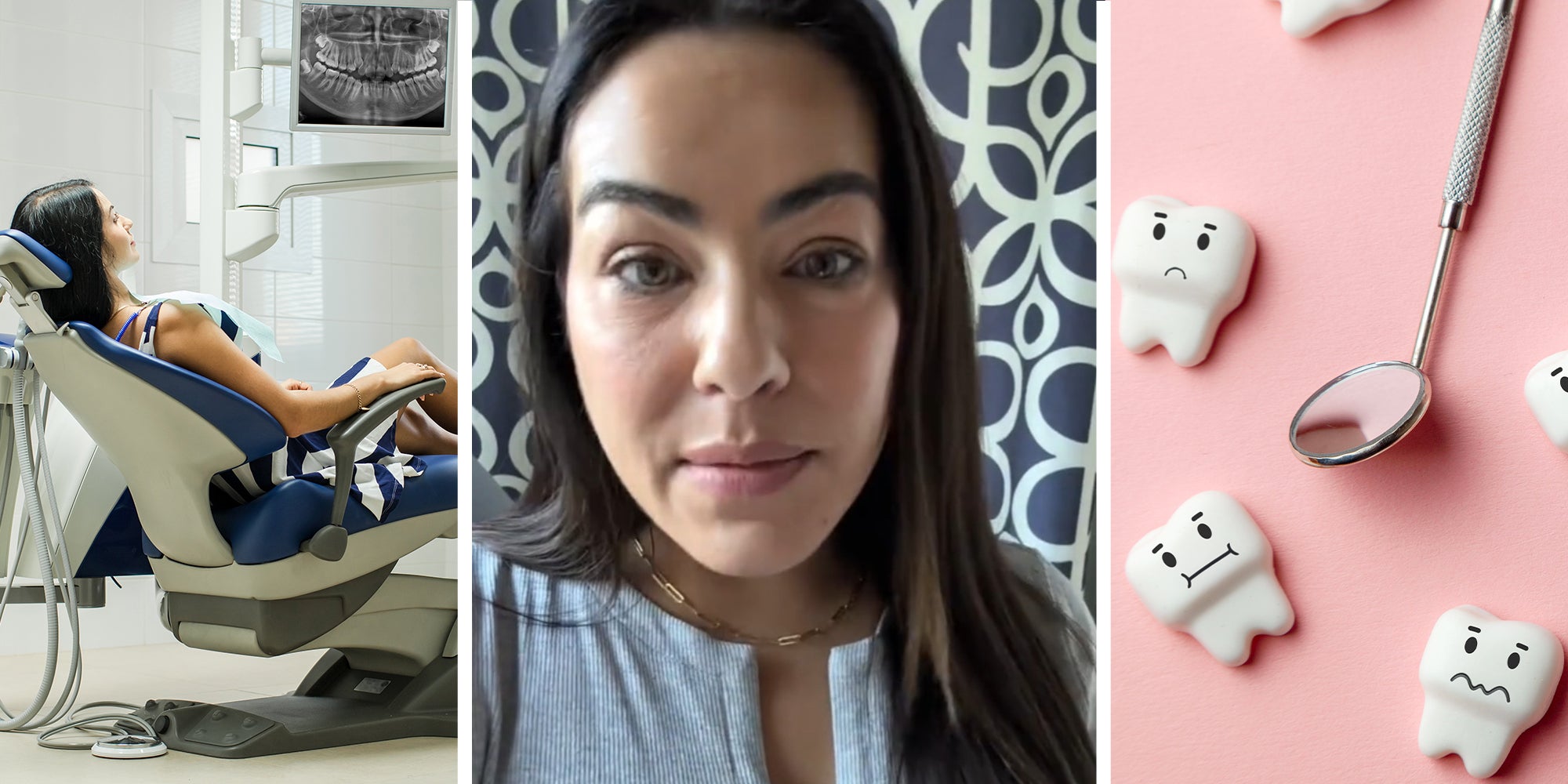 woman sitting on dentist chair(l) Woman Sharing dentist story(c) Small figurine Teeth's frowning(r)