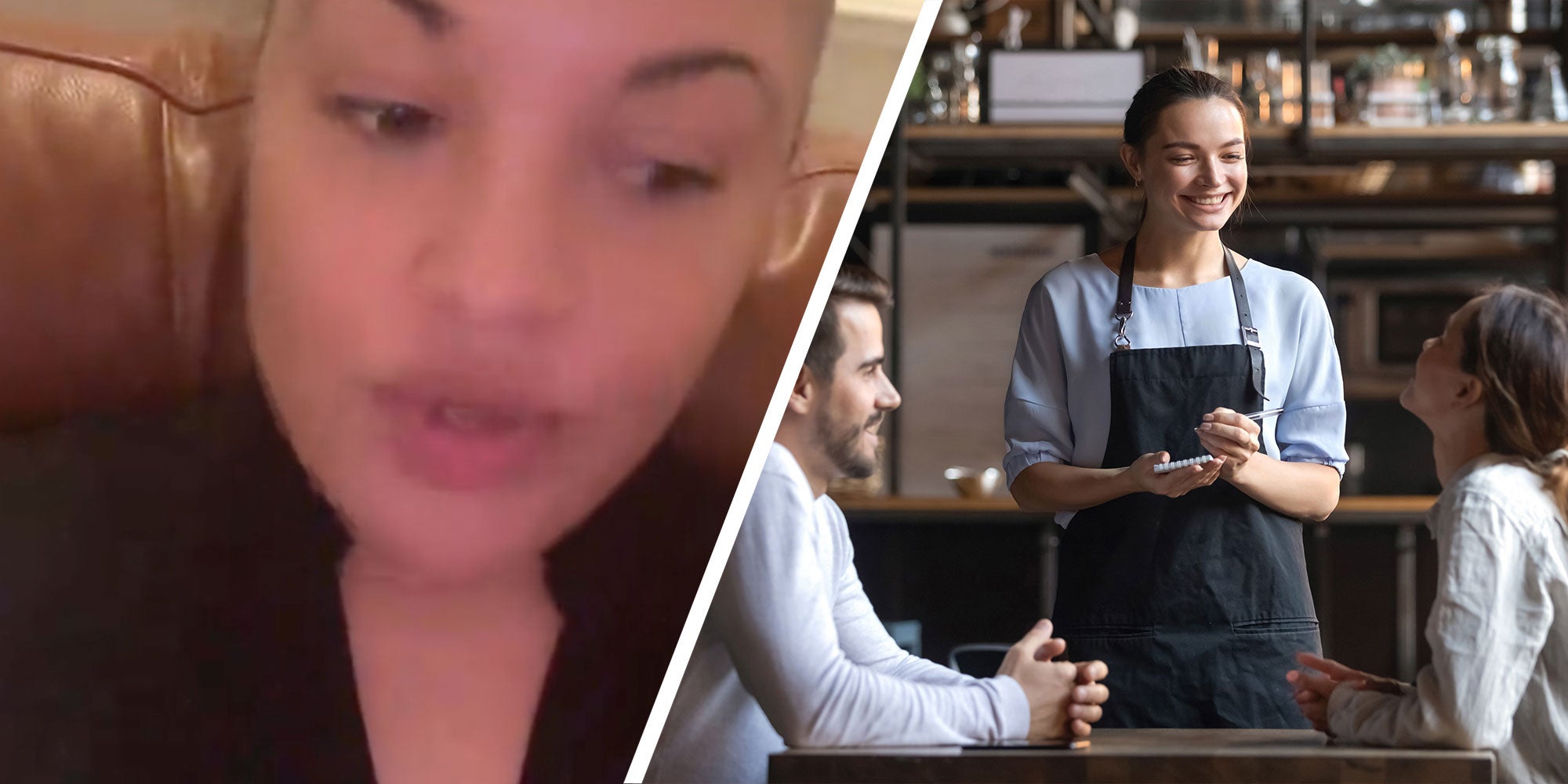 Two panel design with one showing a woman talking and the other is a couple at a restaurant talking with their waitress.