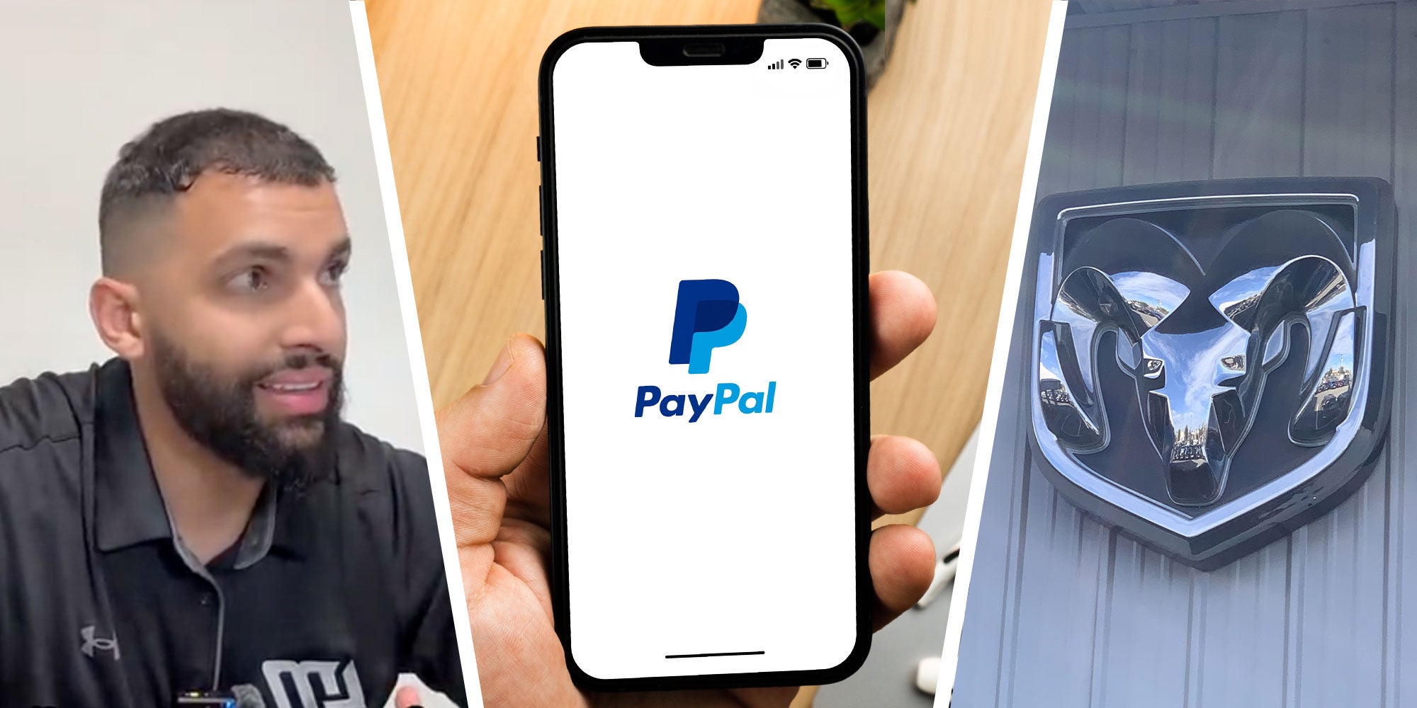 three panel design with a man looking confused in one, a person holding a phone with the PayPal logo on it, and the last panel is of a Dodge car logo.