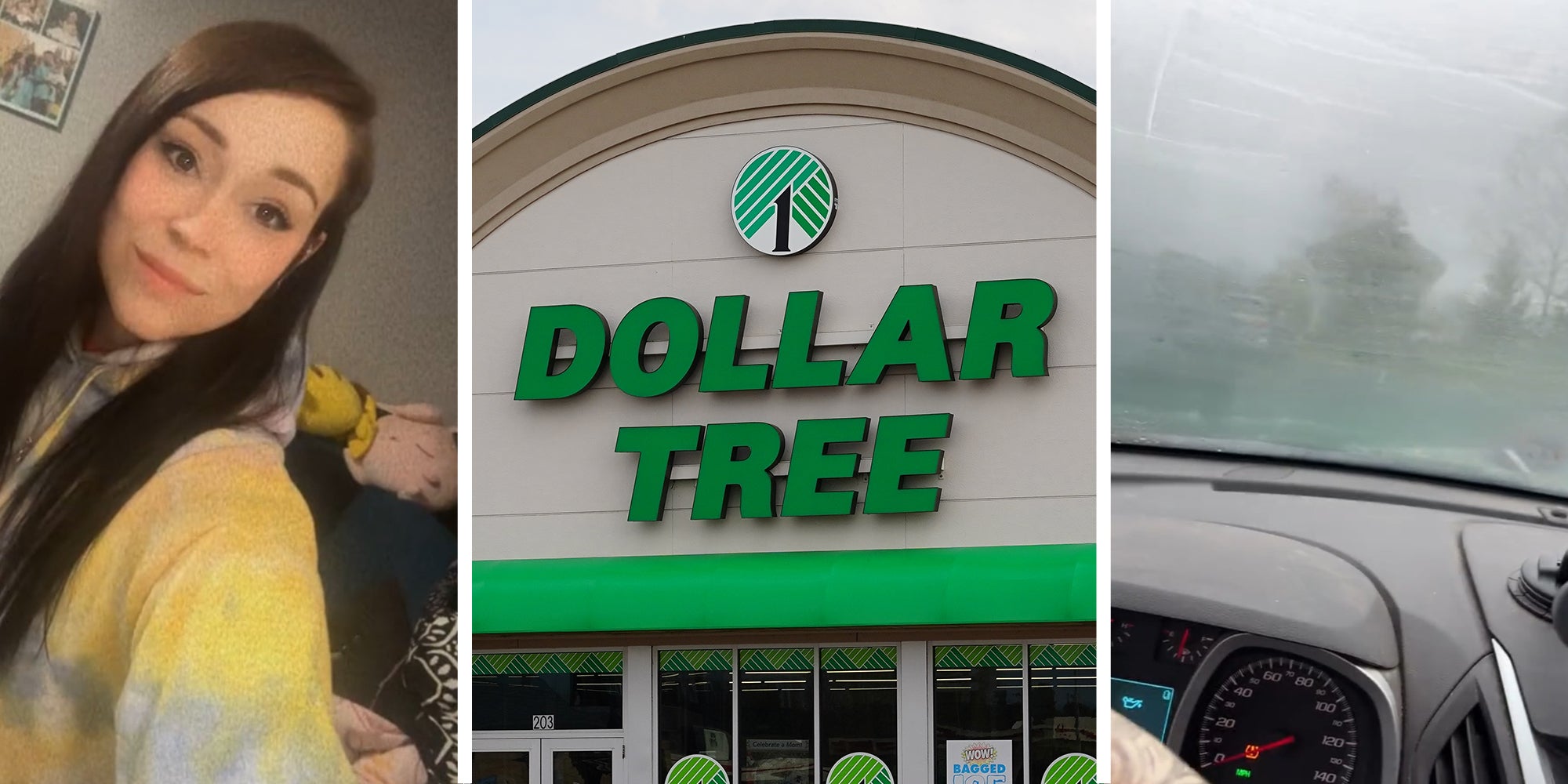 Woman sharing best tool from Dollar Tree for Foggy Windows(l) Dollar Tree Store Front(c) Foggy Windshield(r)