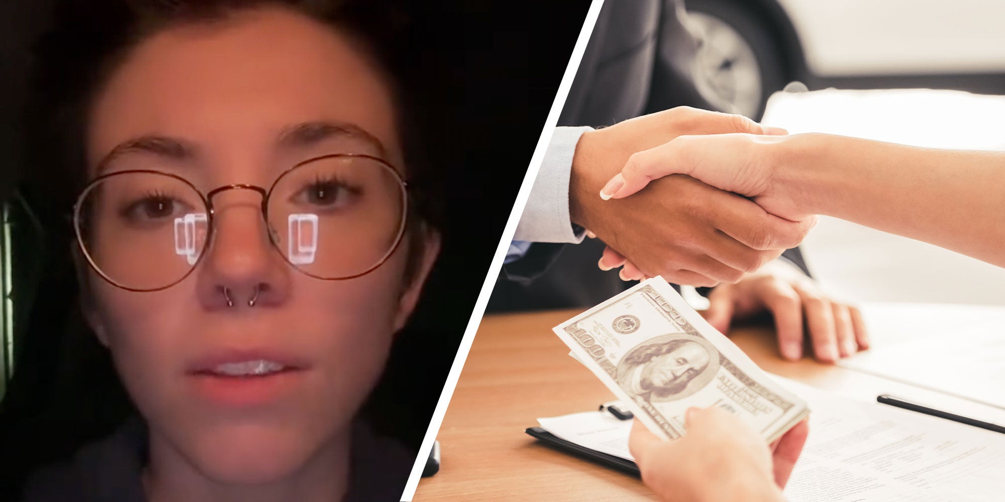 Two panel design with one showing a close up of a woman who is talking in her car. The 2nd is of a person in a car sales room, they have keys being handed to them and they are also holding cash.