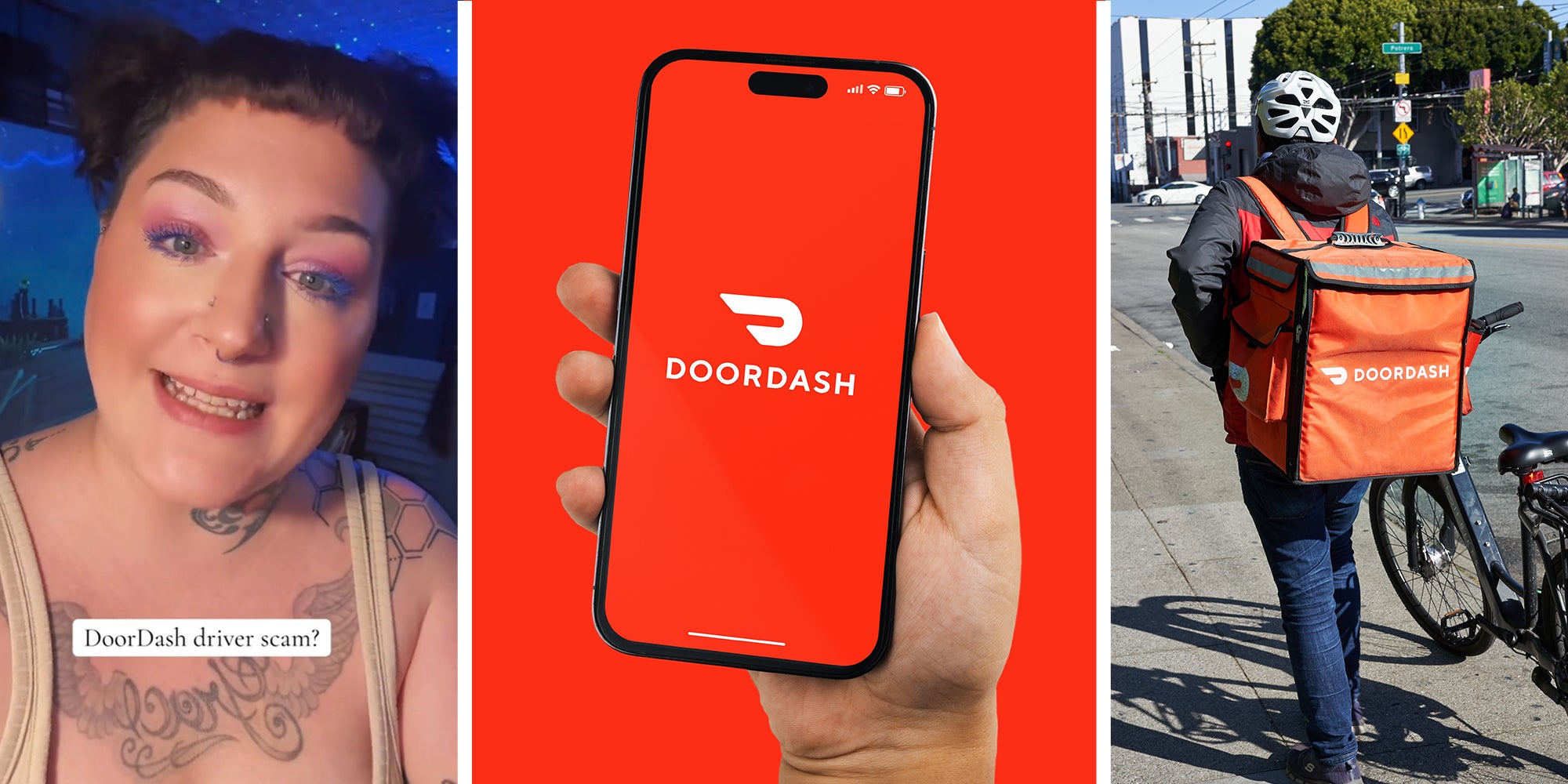 Woman sharing DoorDash Experience(l) Hand holding phone with DoorDash Logo on Display(C) DoorDasher walking with his bike(r)