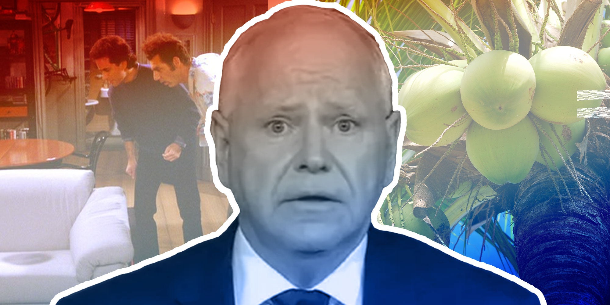 Single panel graphic featuring many images. The center is a concerned looking Wim Walz, there is a screen still from the show Seinfeld where two characters are looking at a soda, the other image flanking that one is of a coconut tree.
