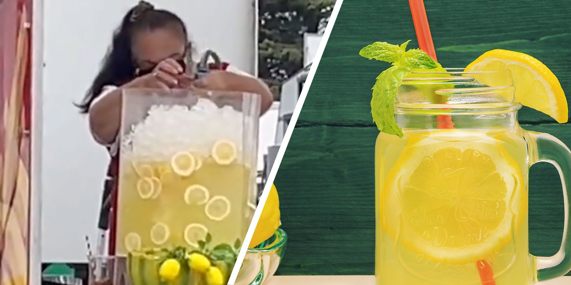Two panel design with image one showing a woman mixing a very large container or lemonade, the 2nd panel is a close up of a lemonade in a mason jar style glass.