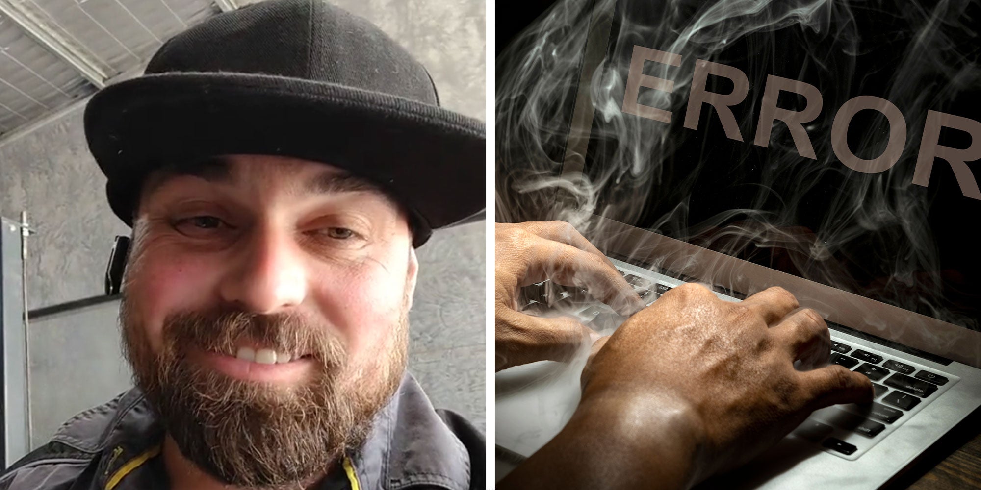 two panel design with a man smiling at the camera in one, next to an image on a computer smoking.