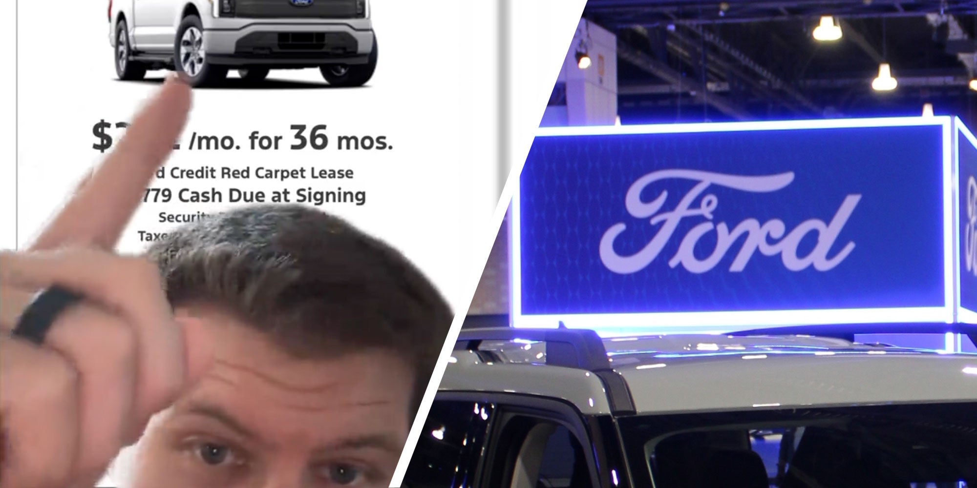 Two panel design with a man pointing to an image of a ford truck in one, and a Ford sign in the other