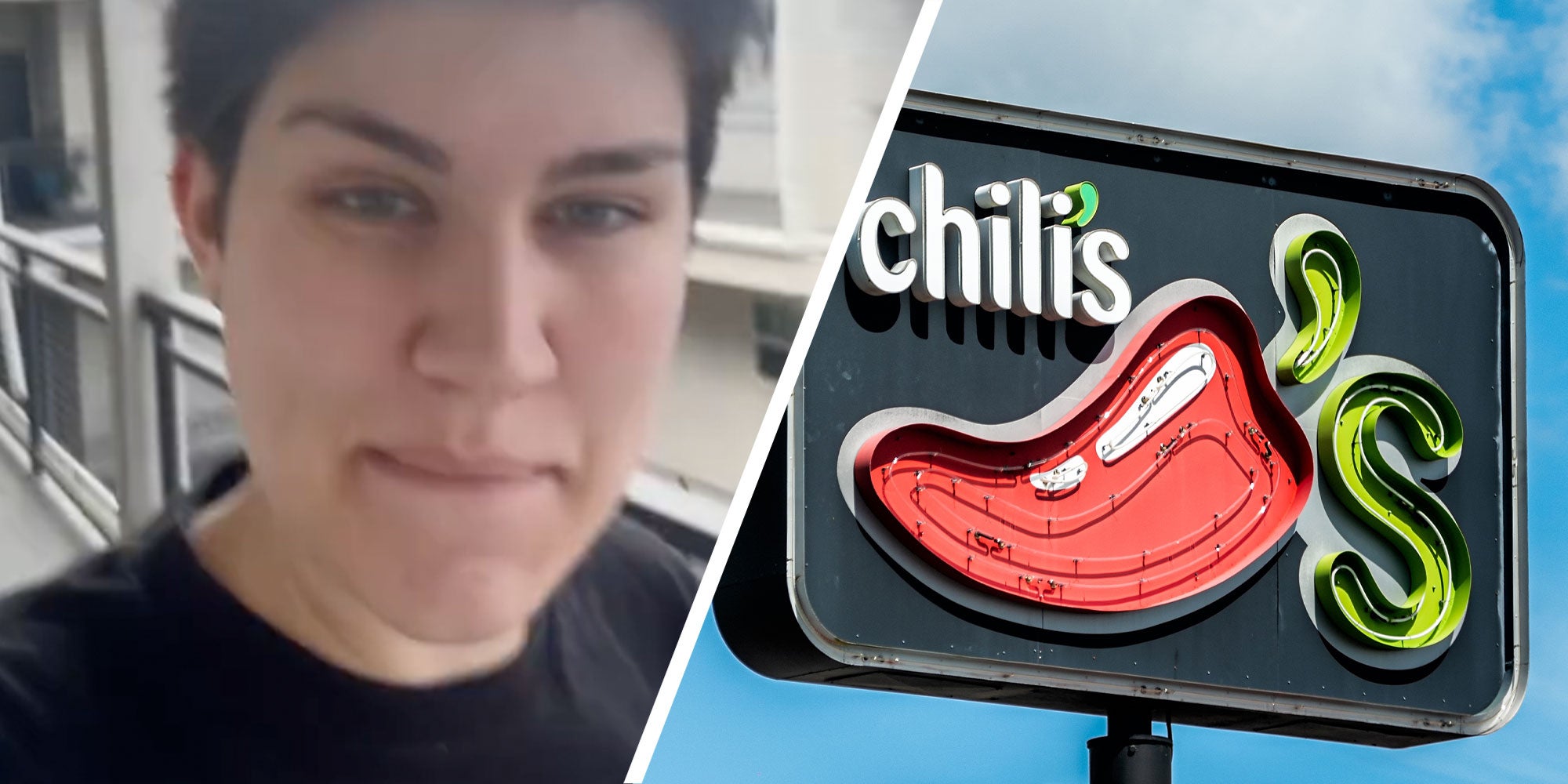 Two panel design with one showing a close up of a woman talking, the 2nd is of a Chili's sign