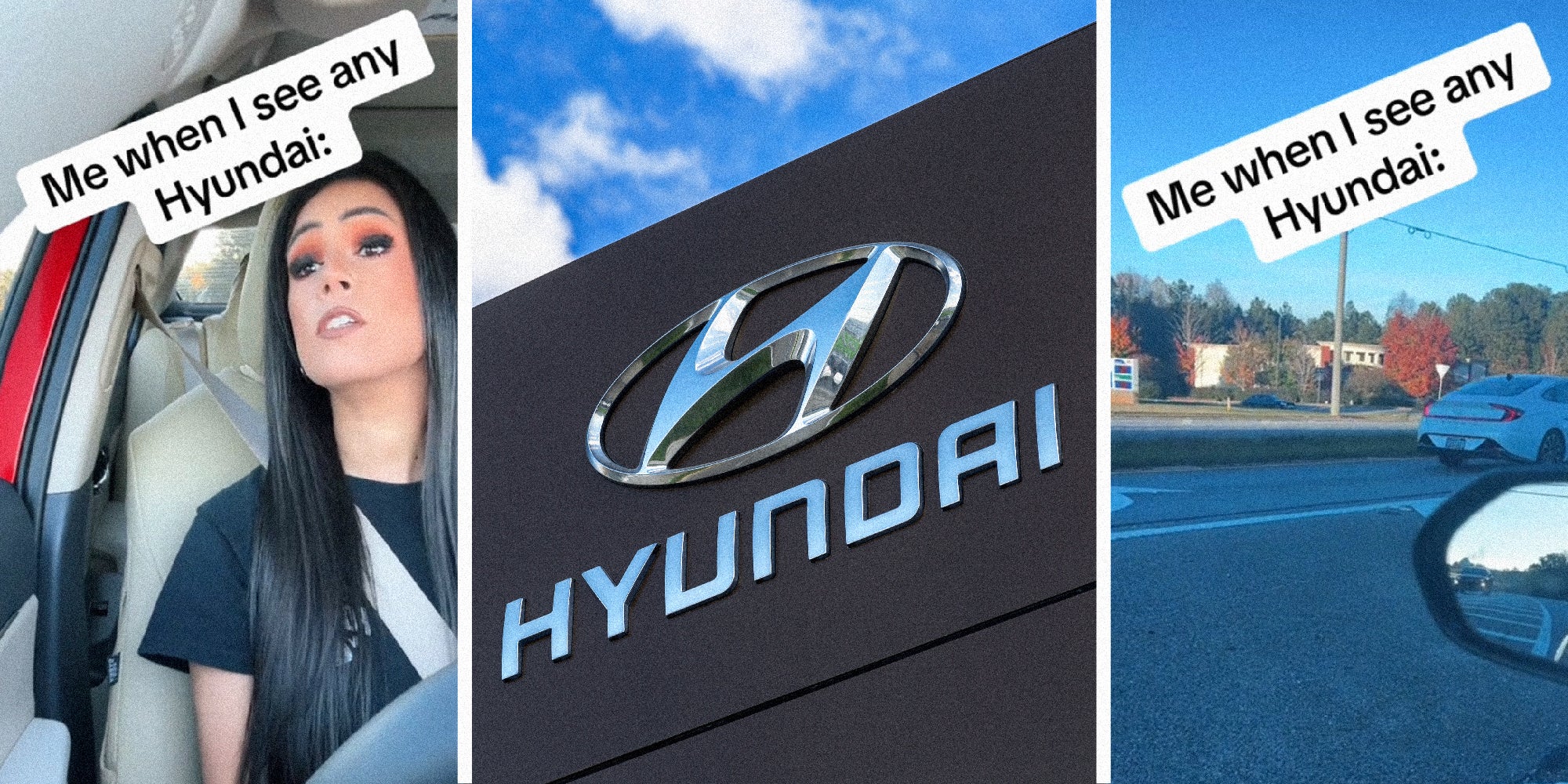 3 panel image. On the left is a person in their car, in the middle the Hyundai sign, and on the left a Hyundai driving on a road.