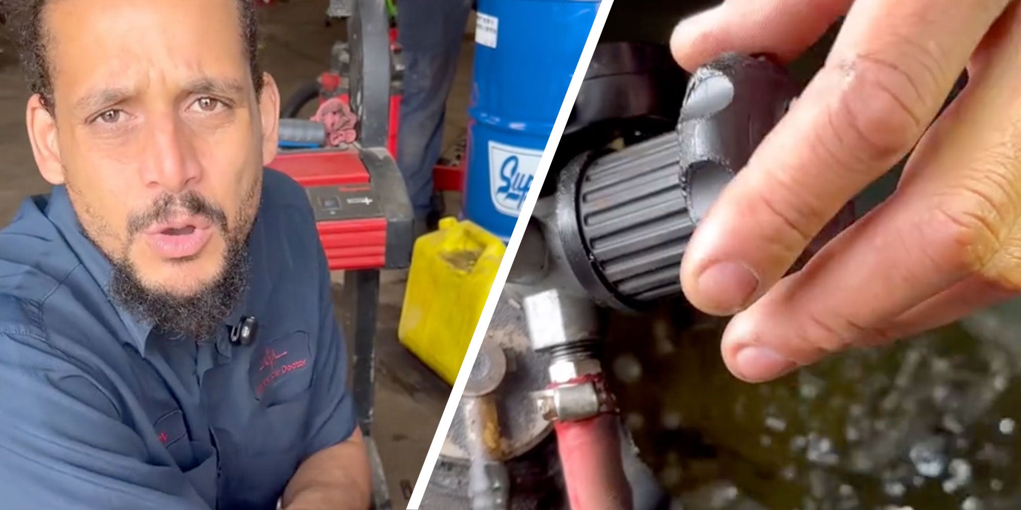 Two panel design with one showing a man inside of a car repair shop. The 2nd is a close up of the man's hand, holding a fuel valve.