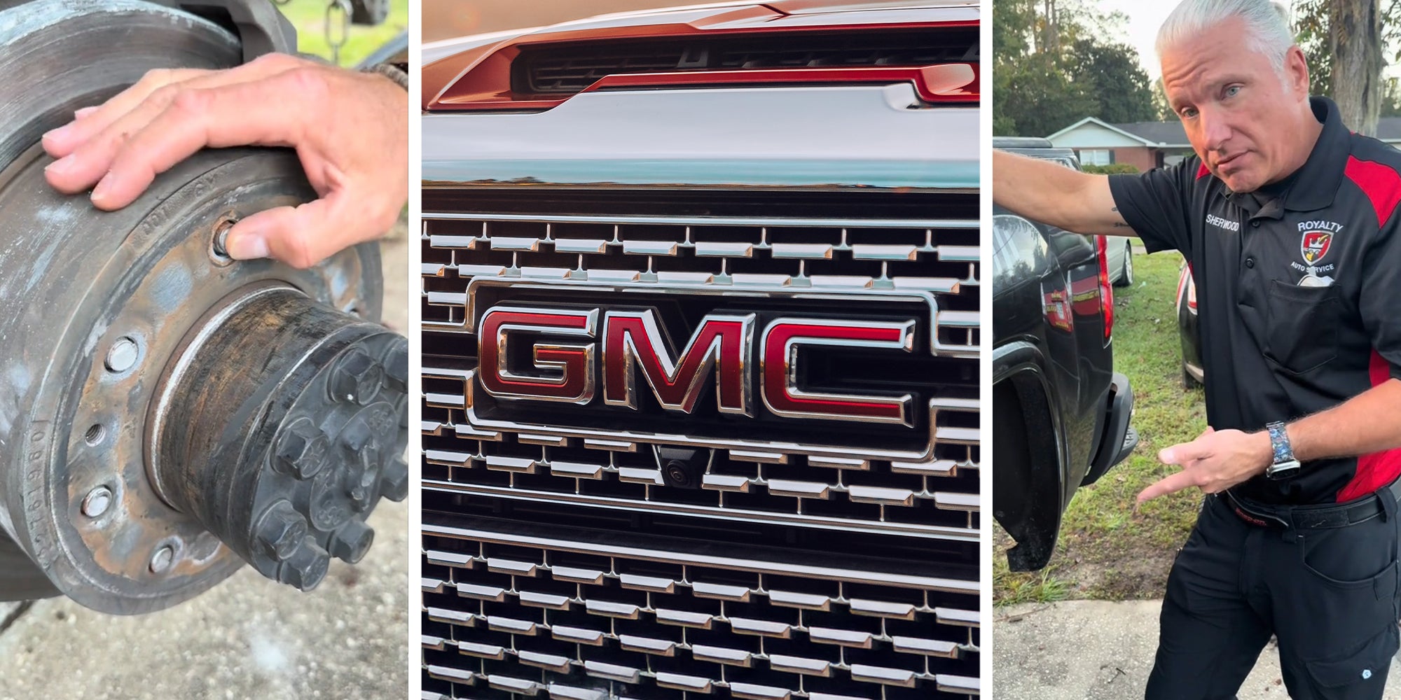 Hand over vehicle Rotor(l) Gmc Sierra Grill(c) Mechanic sharing what he saw after inspecting a gmc sierra pickup(r)