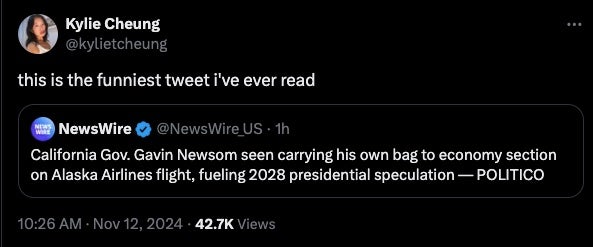 Tweet about Gavin Newsom carrying his own bag on a plane