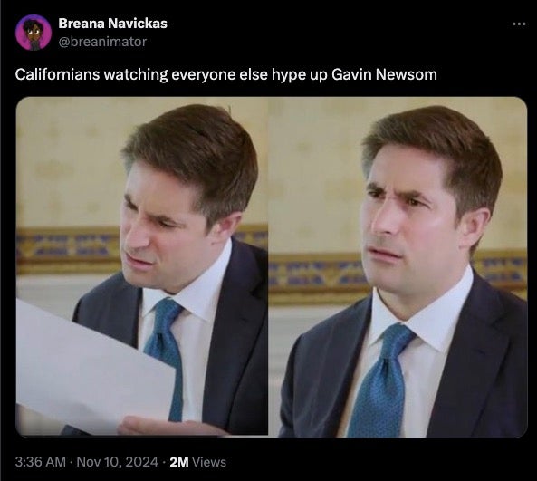 Tweet about Californians reacting to Gavin Newsom hype