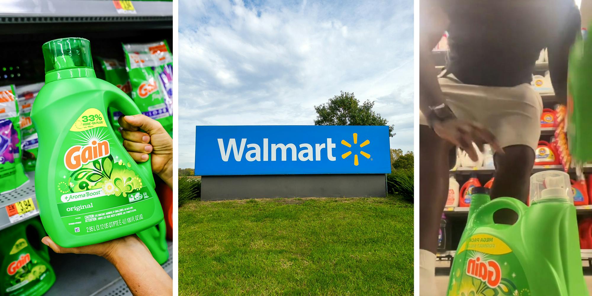 Gain Detergent(l) Walmart Sign(c) Man holding bottle of Gain detergent in store(r)