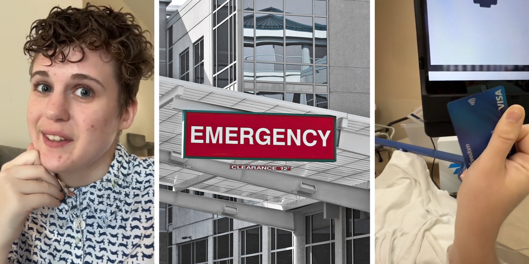 TikToker sharing Emergency room story on TikTok(l) Emergency Red Room(c) Hand tapping credit card on Display(r)