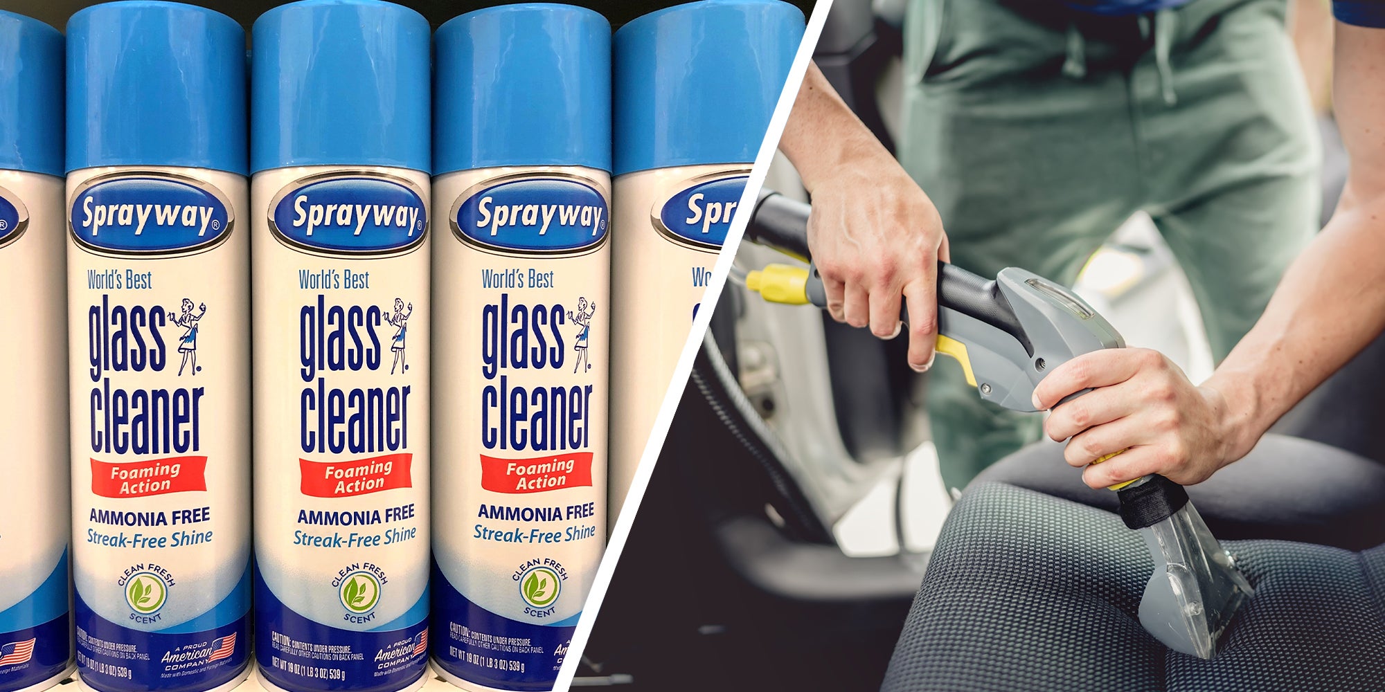 Sprayway glass cleaner(l) Man cleaning car interior(r)