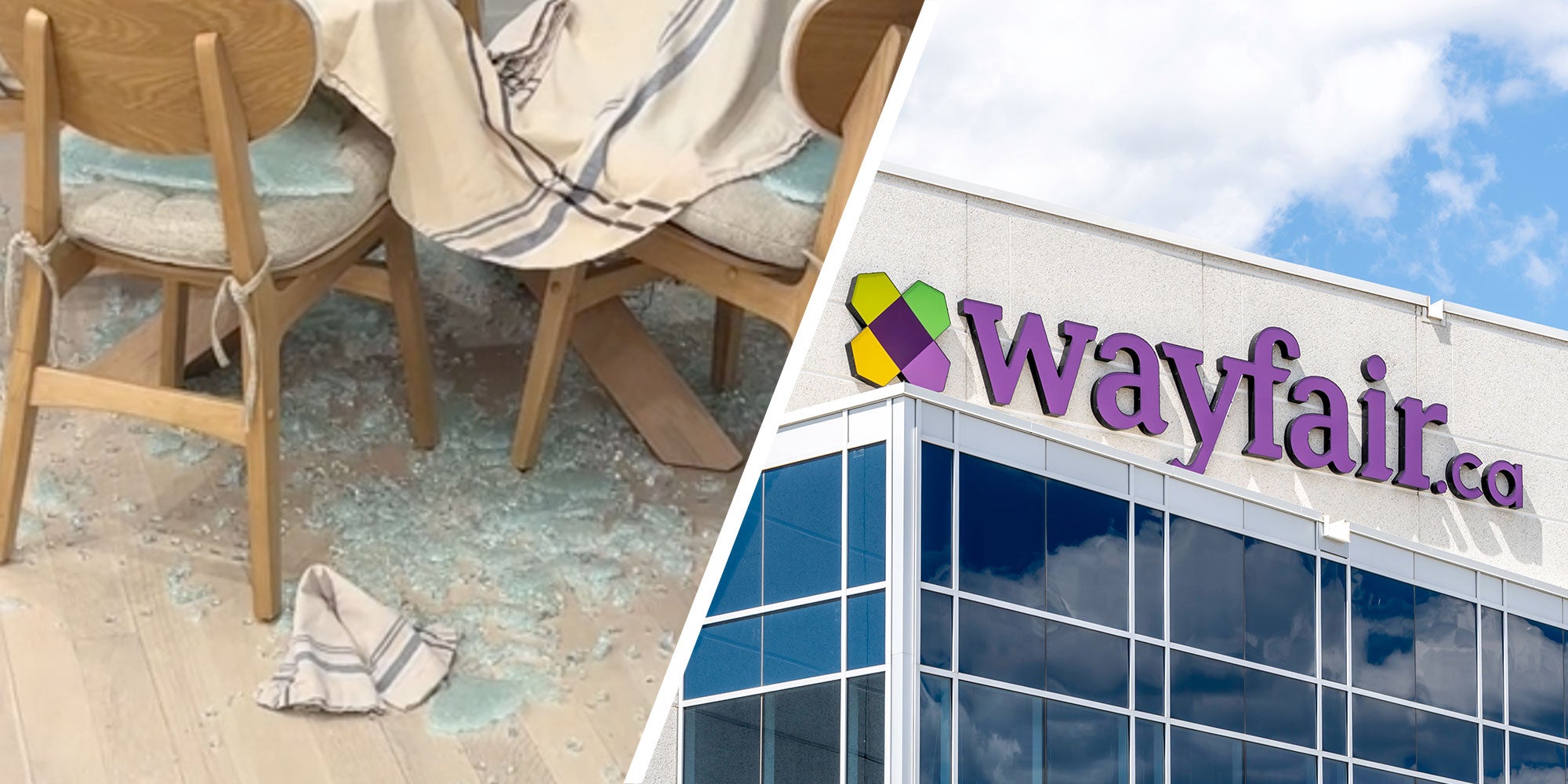 Two panel design with an image of a broken table in one and a sign for Wayfair