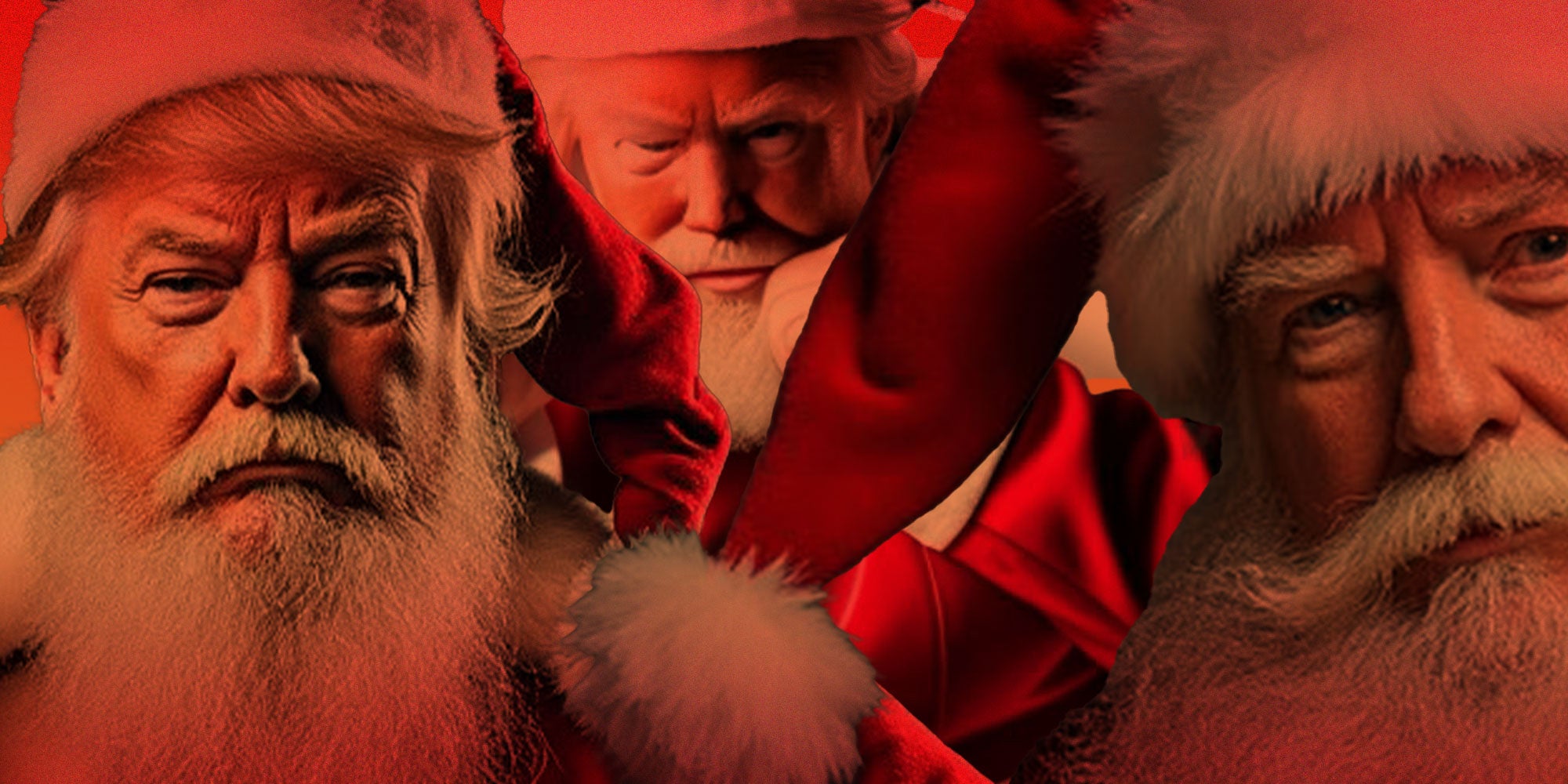 single design with three Ai Santa figures with Trump features.