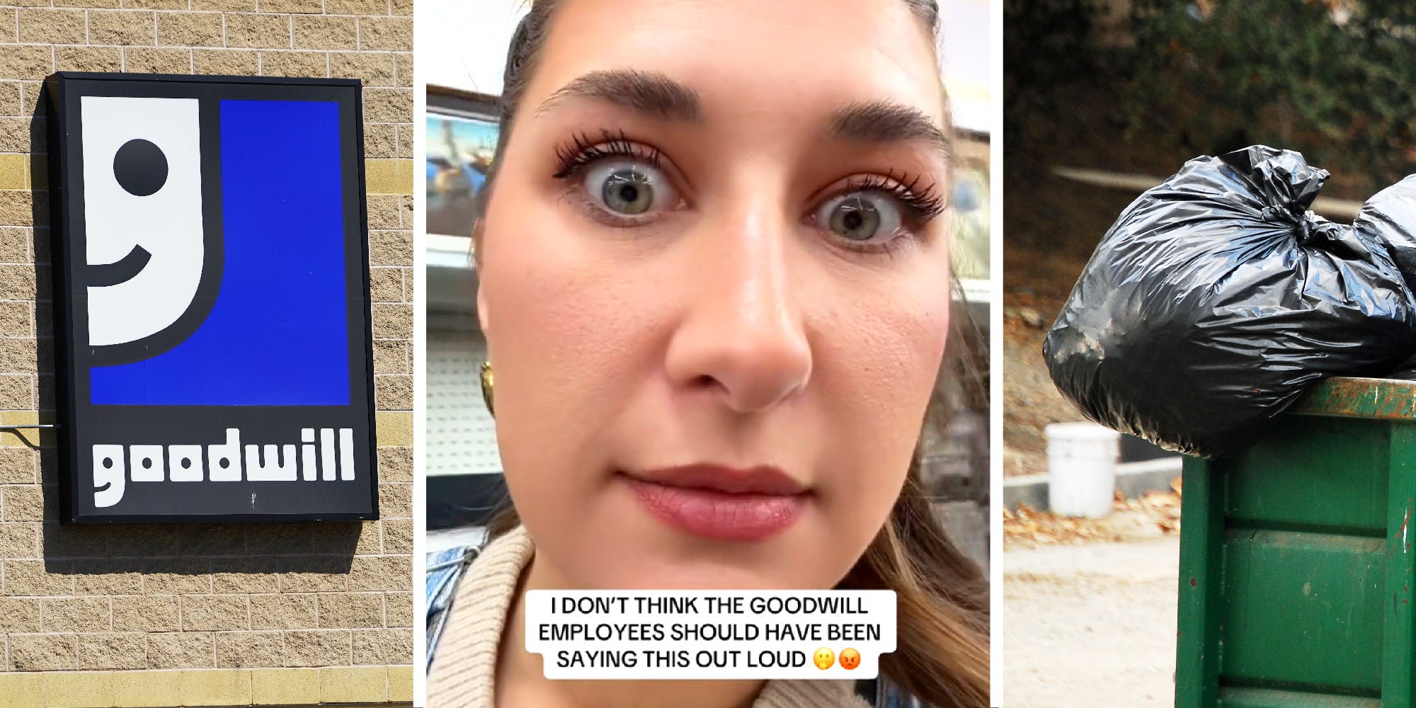 3 panel image: on the left is the Goodwill Store sign, in the middle, the closeup of a person's face with the words, 'I don't think Goodwill employees should have been saying this out loud', and on the right a dumpster full of black plastic garbage bags.