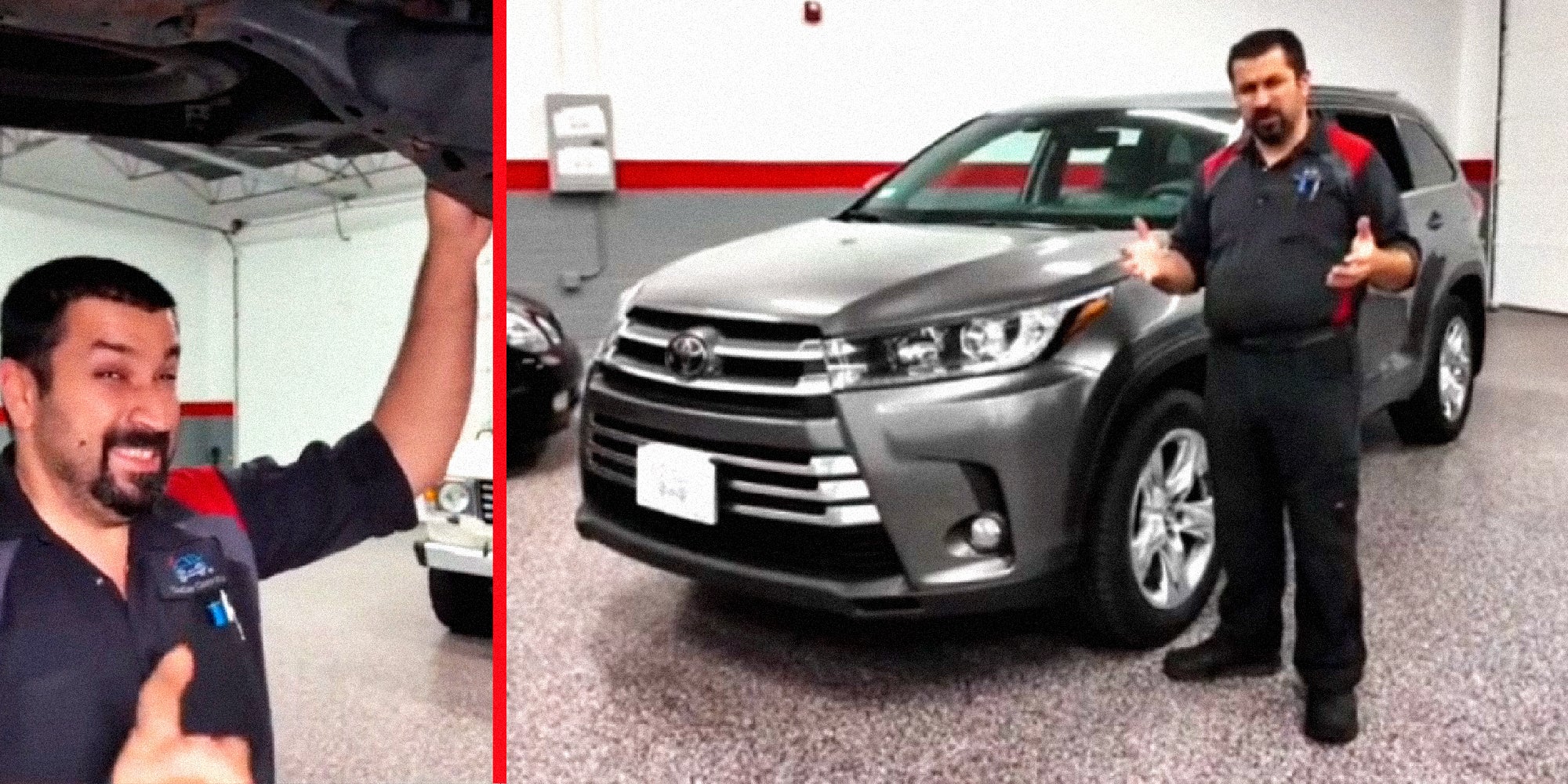 2 panel image, on the left a mechanic is under a car on the lift and on the right the same mechanic stands next to a car in a garage.