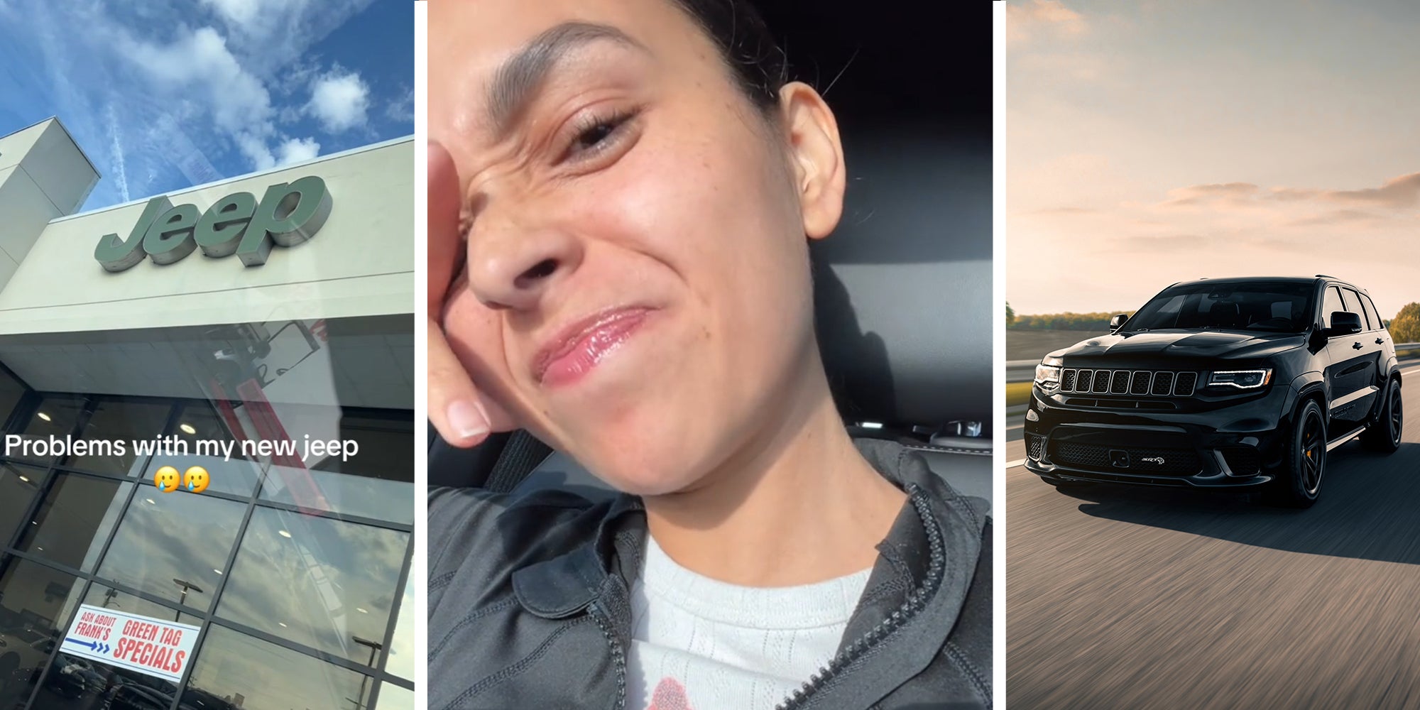 Jeep Dealer(l) Woman looking disappointed(c) Grand Jeep Cherokee(r)