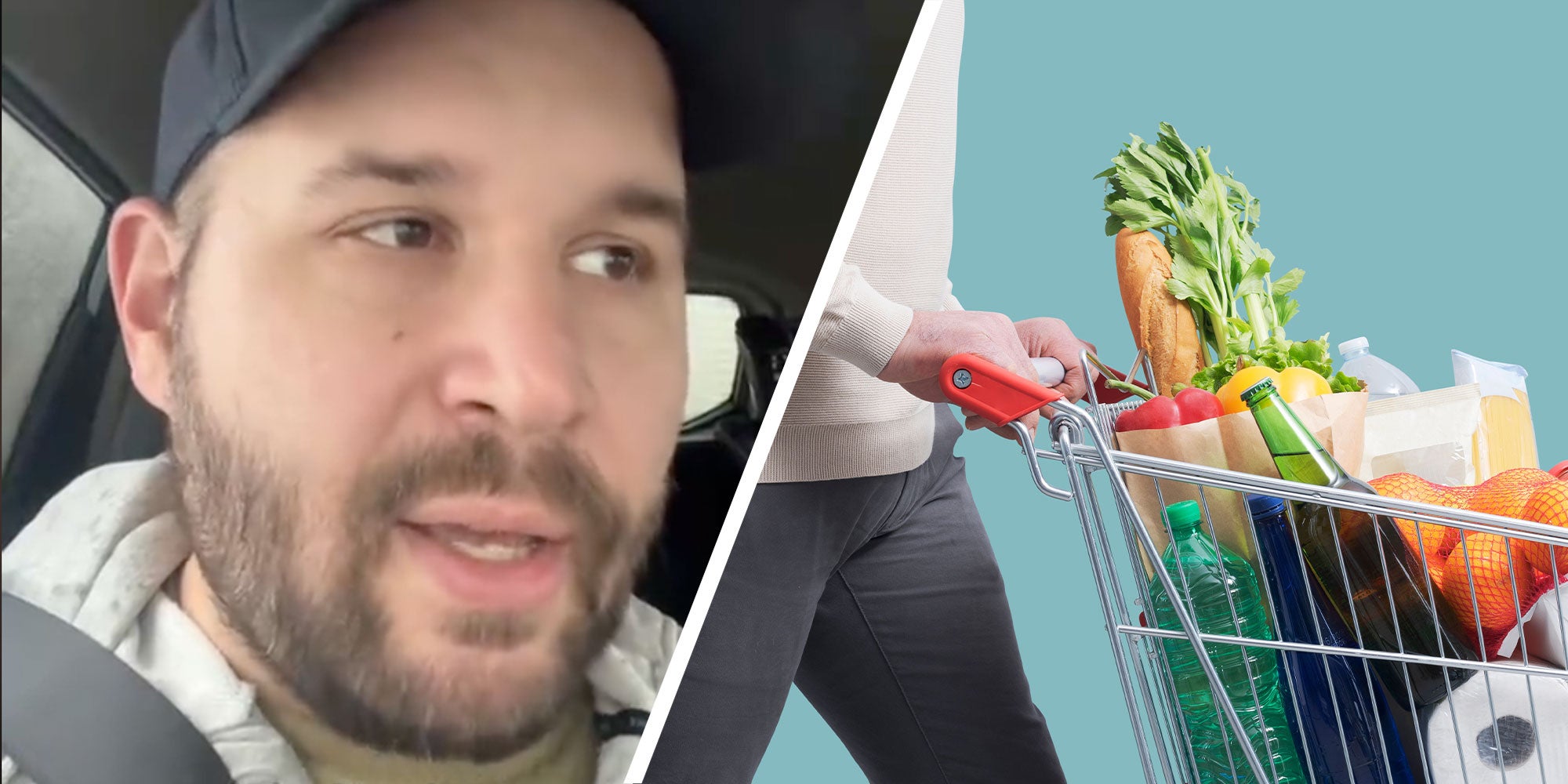 two panel design with a man in his car in one, and a person pushing a grocery cart in the other