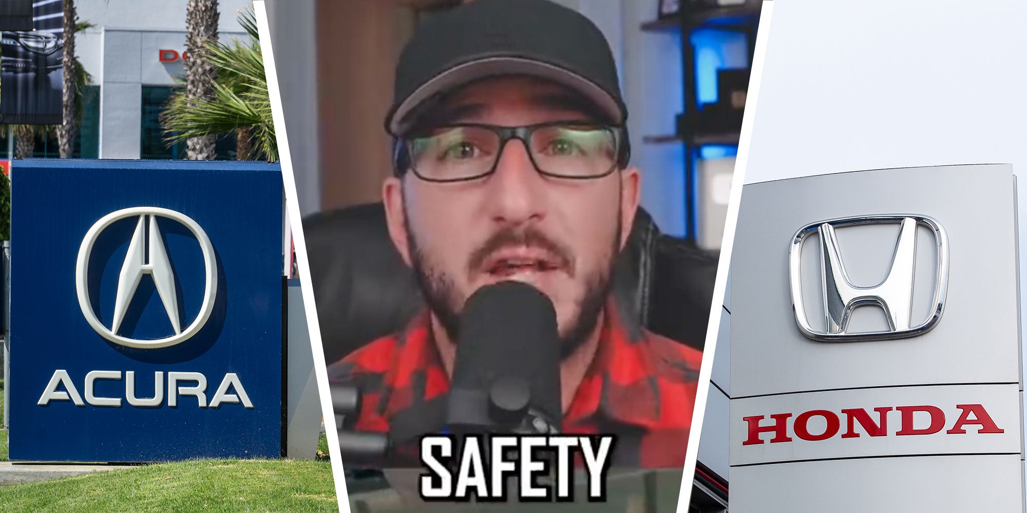 Three panel design with a sign of an Acura logo sign in one, a man talking into a mic in the middle with the work 'safety' overlaid on the image, and the last image is of a Honda sign.