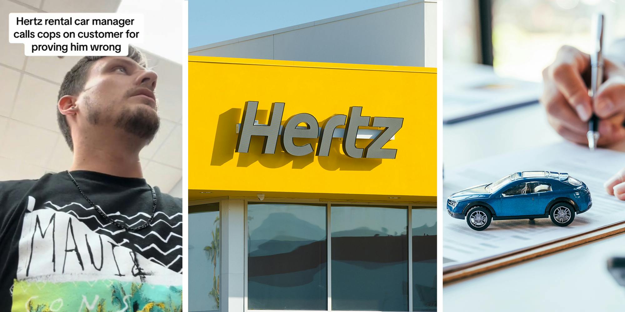 Hertz Customer(l) Hertz Rental Company(c)Person Signing with toy car infront(r)