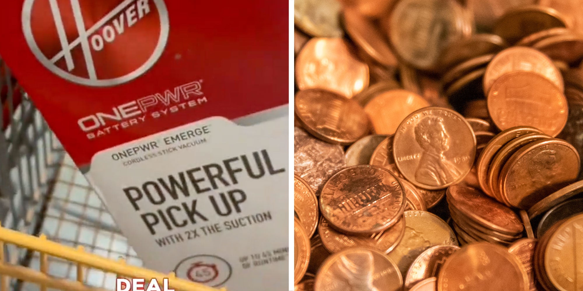 Two panel design featuring a Hoover vacuum in a shopping cart, and a pile of pennies.