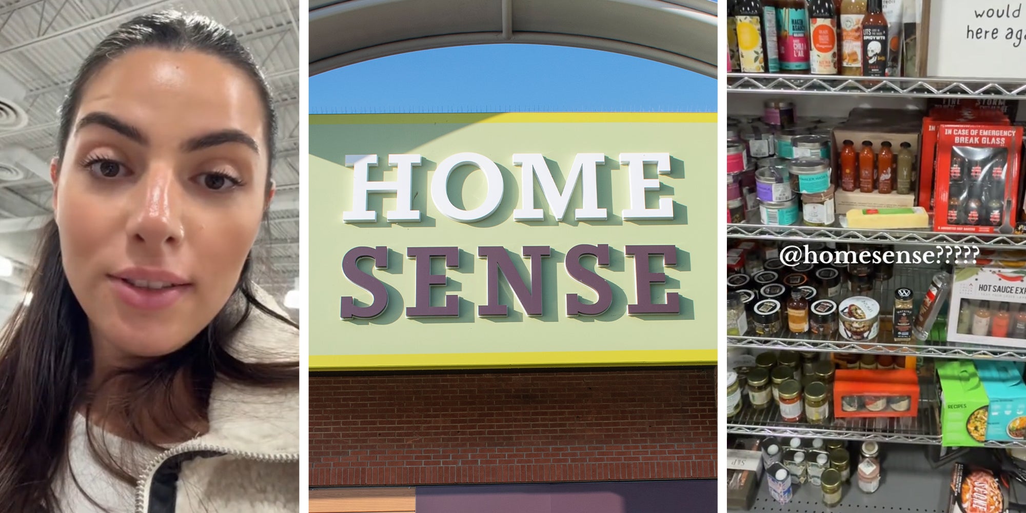 Woman sharing Experience at Home Sense(l) Home Sense store sign(c) Home sense products on Shelves(r)