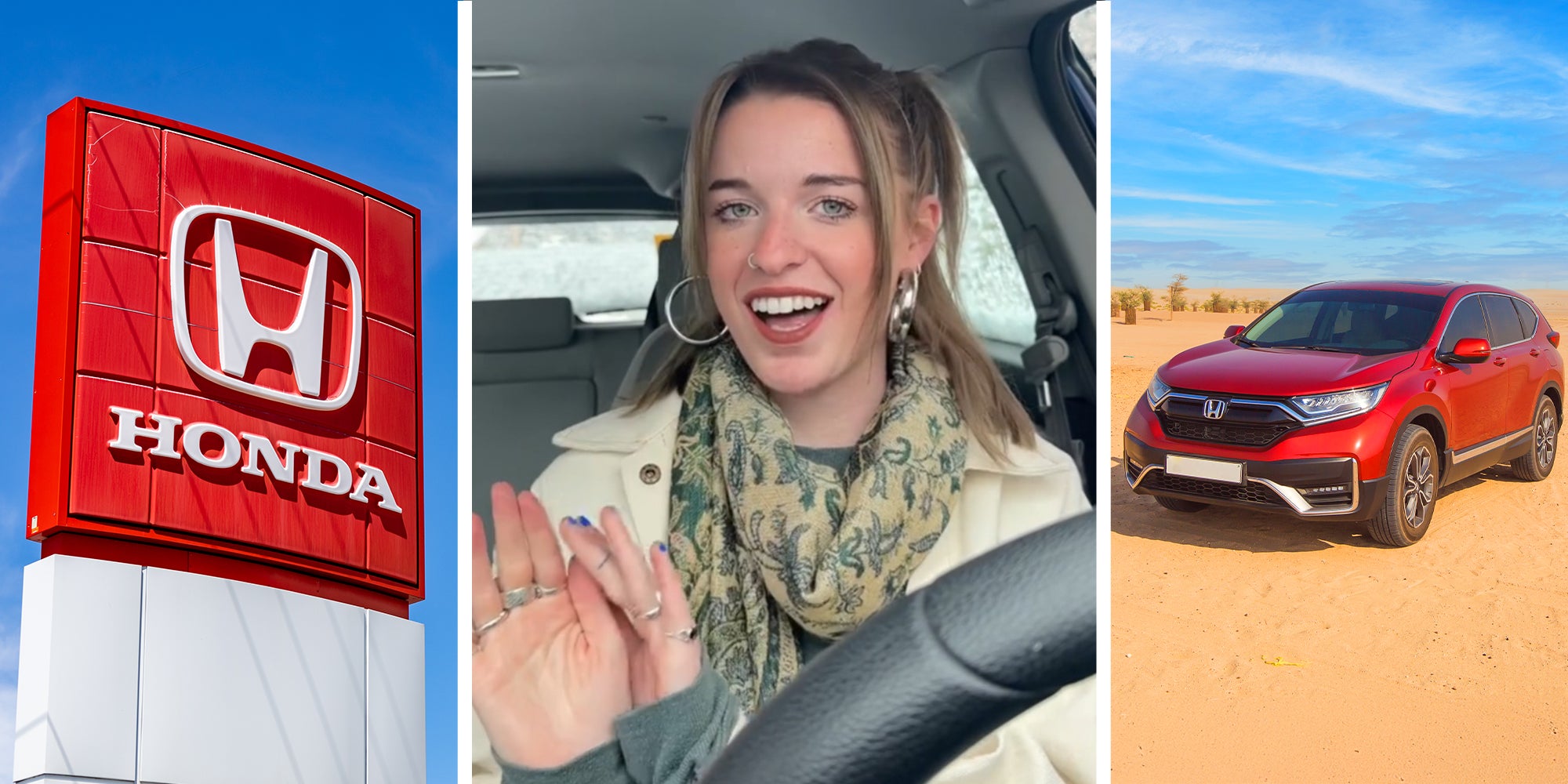 HONDA Dealer(l) Woman sharing Honda Story(c) Honda CRV(r)