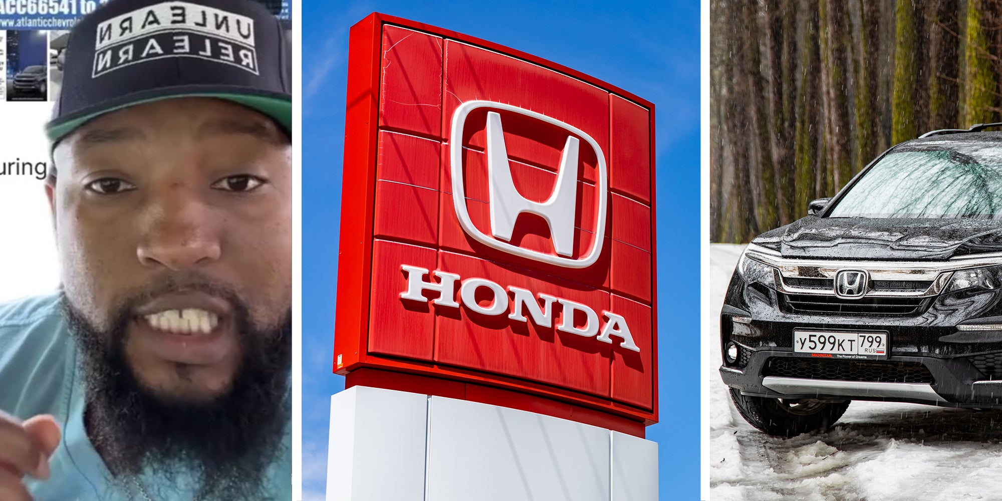 Man sharing price for Honda Pilot(l) Honda Dealership Sign(c) Honda Pilot Dealer(r)