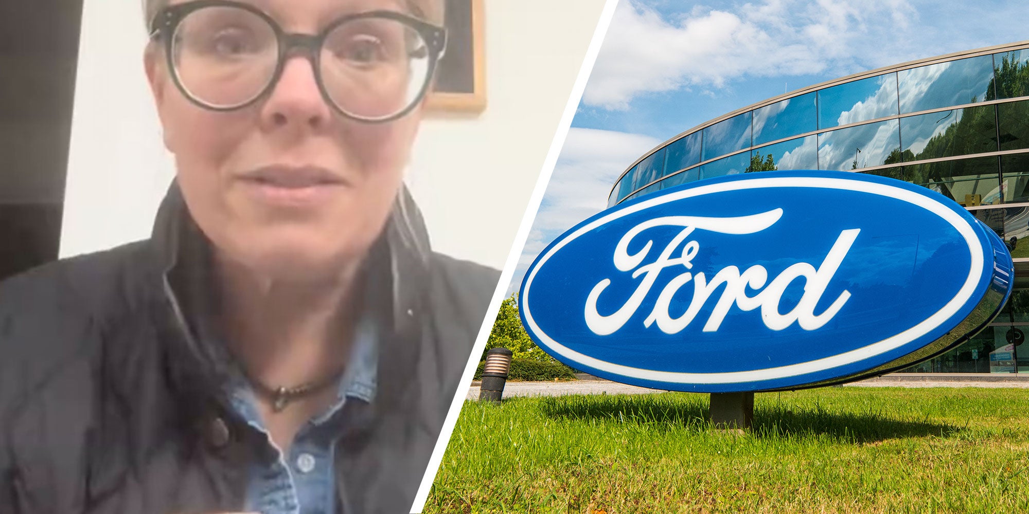 two panel design with a woman looking at the camera in one and a Ford Dealership logo in the other
