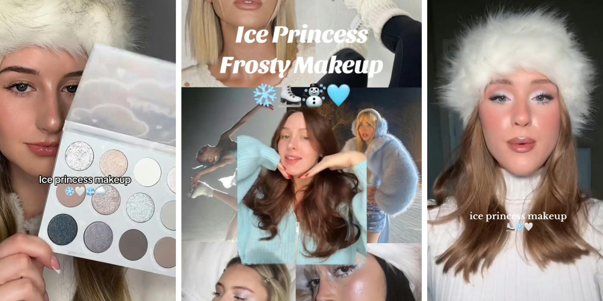 Women holding up makeup(l) Woman with Collage(c) and Woman sharing her final Ice princess makeup(r)