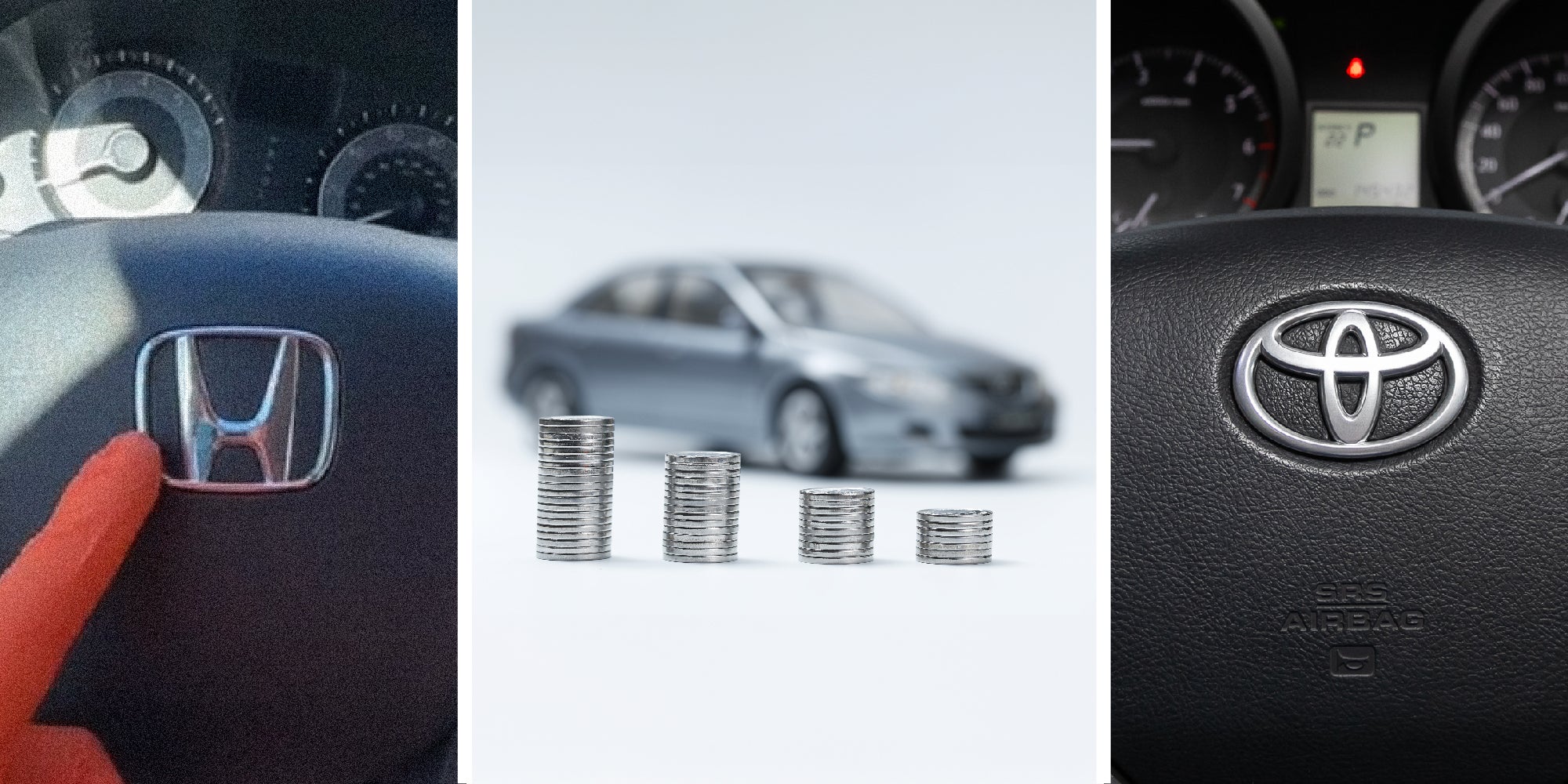 3 panel image: In the left is the steering wheel of a Honda car, in the right is the steering wheel of a Toyota car, and in the middle are stacks of coins in front of a car in the far background.