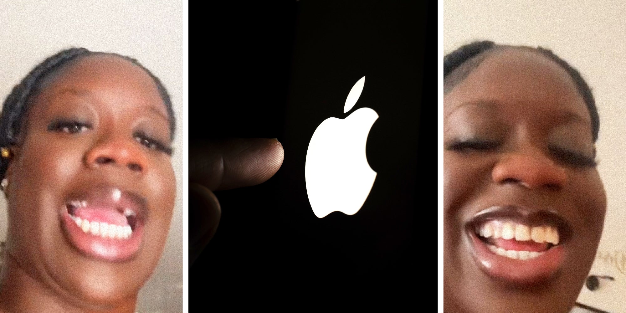 3 panel image: on the sides a smiling person speaks. In the middle we see a glowing Apple logo and finger reaching towards it.