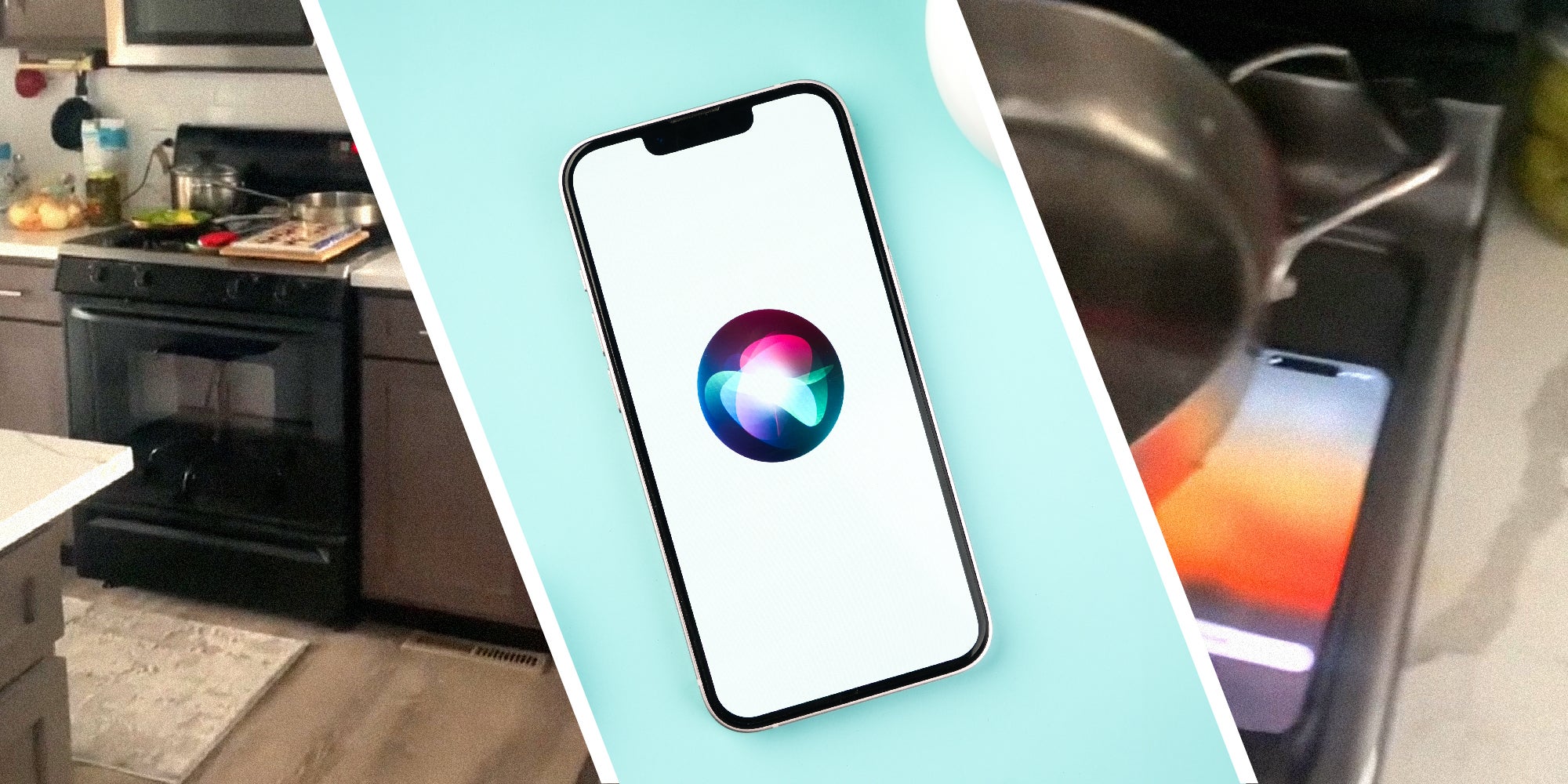 3 panel image, on the sides we see a kitchen interior and in the middle we see an iphone with the Siri interface on the screen.