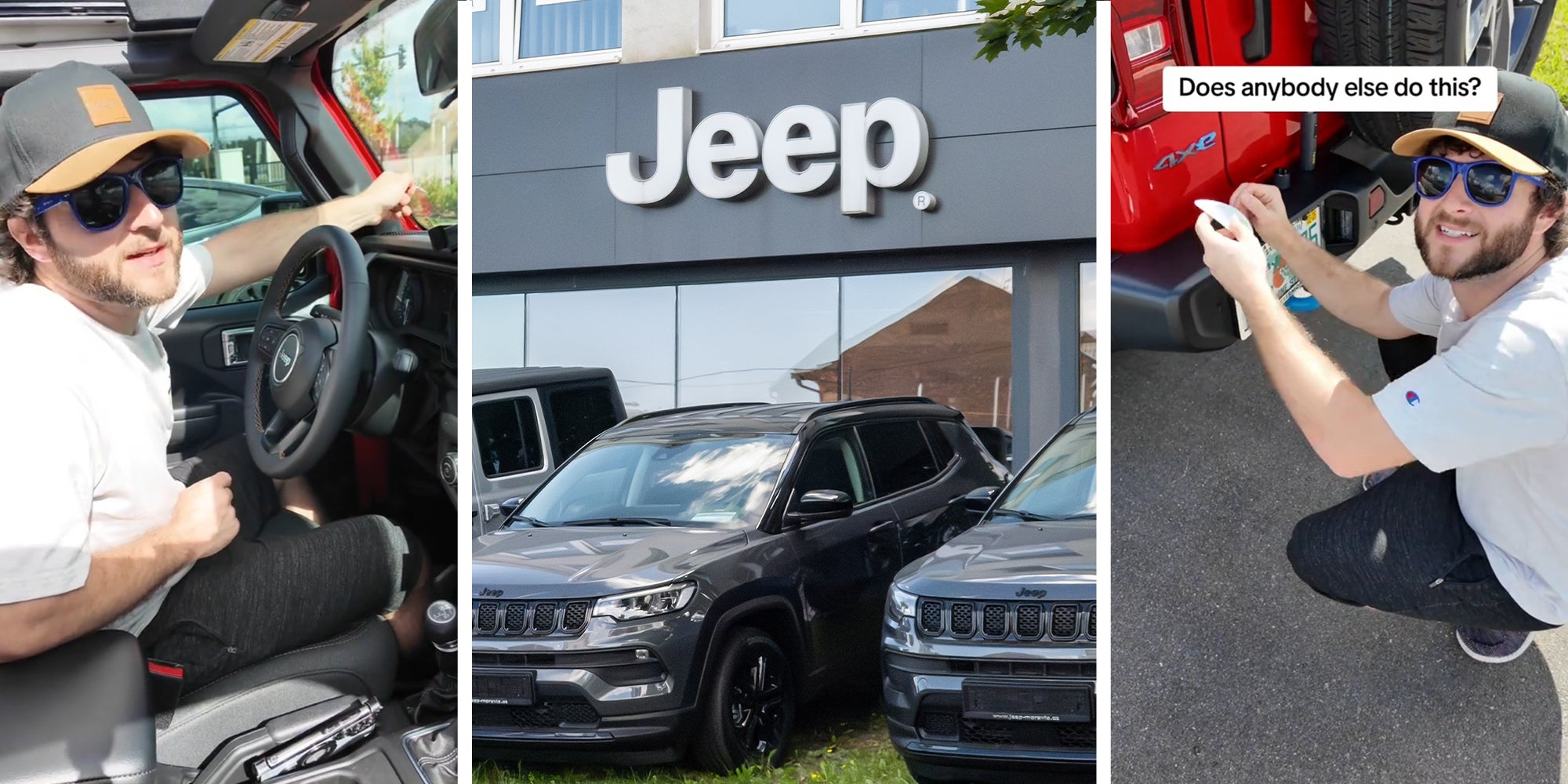 Man in driver seat(l) Jeep Dealer (c) Man remove license plate(r)