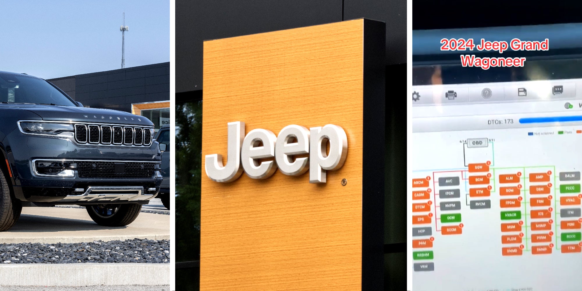 3 panel image showing the front of a Jeep Grand Wagoneer, the exterior of a Jeep dealership, and a screengrab of the dashboard display from the Jeep Wagoneer.