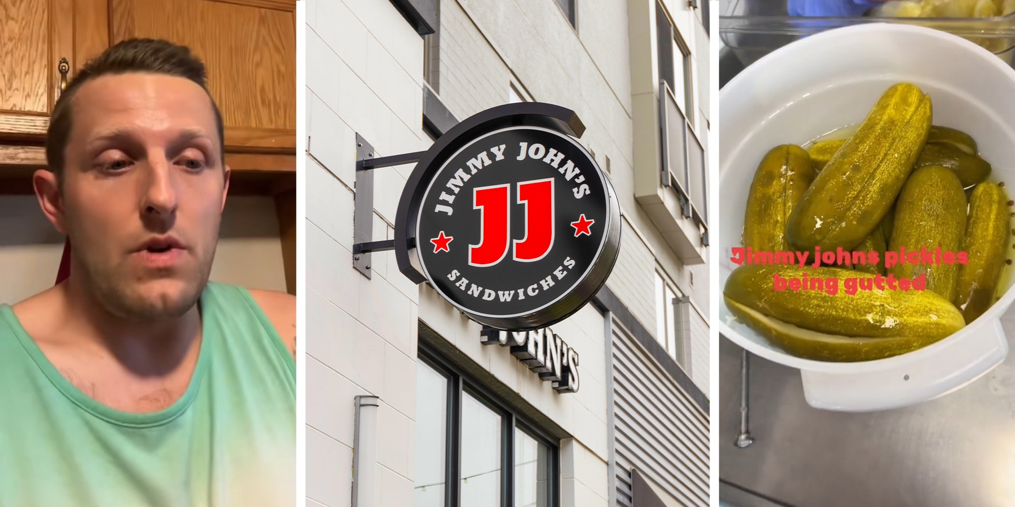 TikToker sharing Jimmy Johns experience(l) Jimmy Johns Signage(c) Pickles in a bucket(r)
