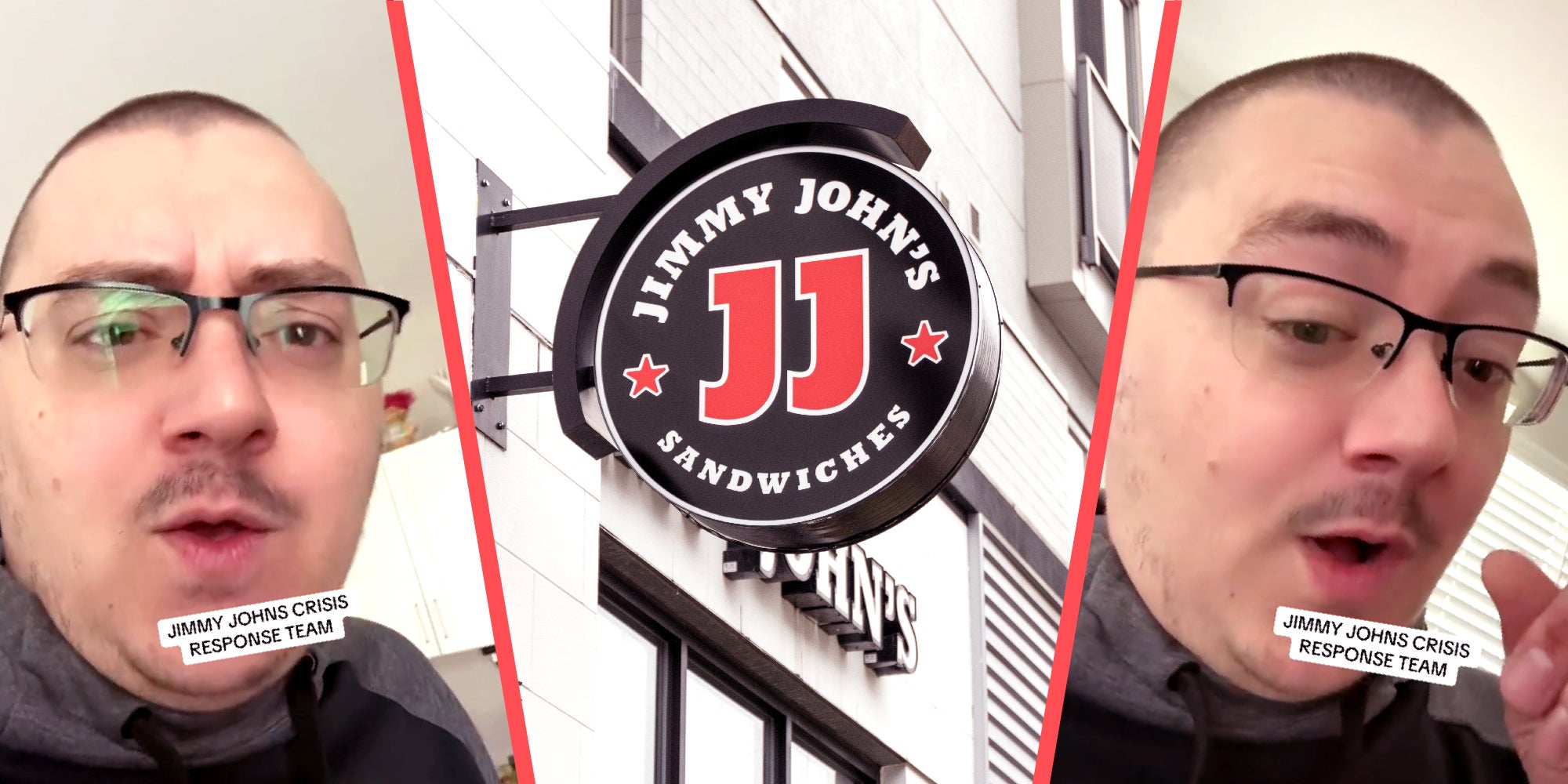 3 panel image, the two outside images are a person wearing glasses explaining. In the middle we see the sign of Jimmy John's Restaurant.