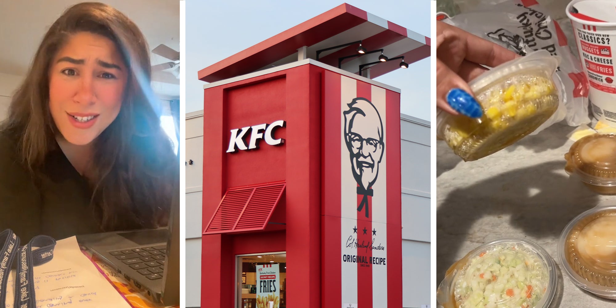 Woman looking shocked(l) KFC Restaurant(c) Woman holding up KFC container(r)