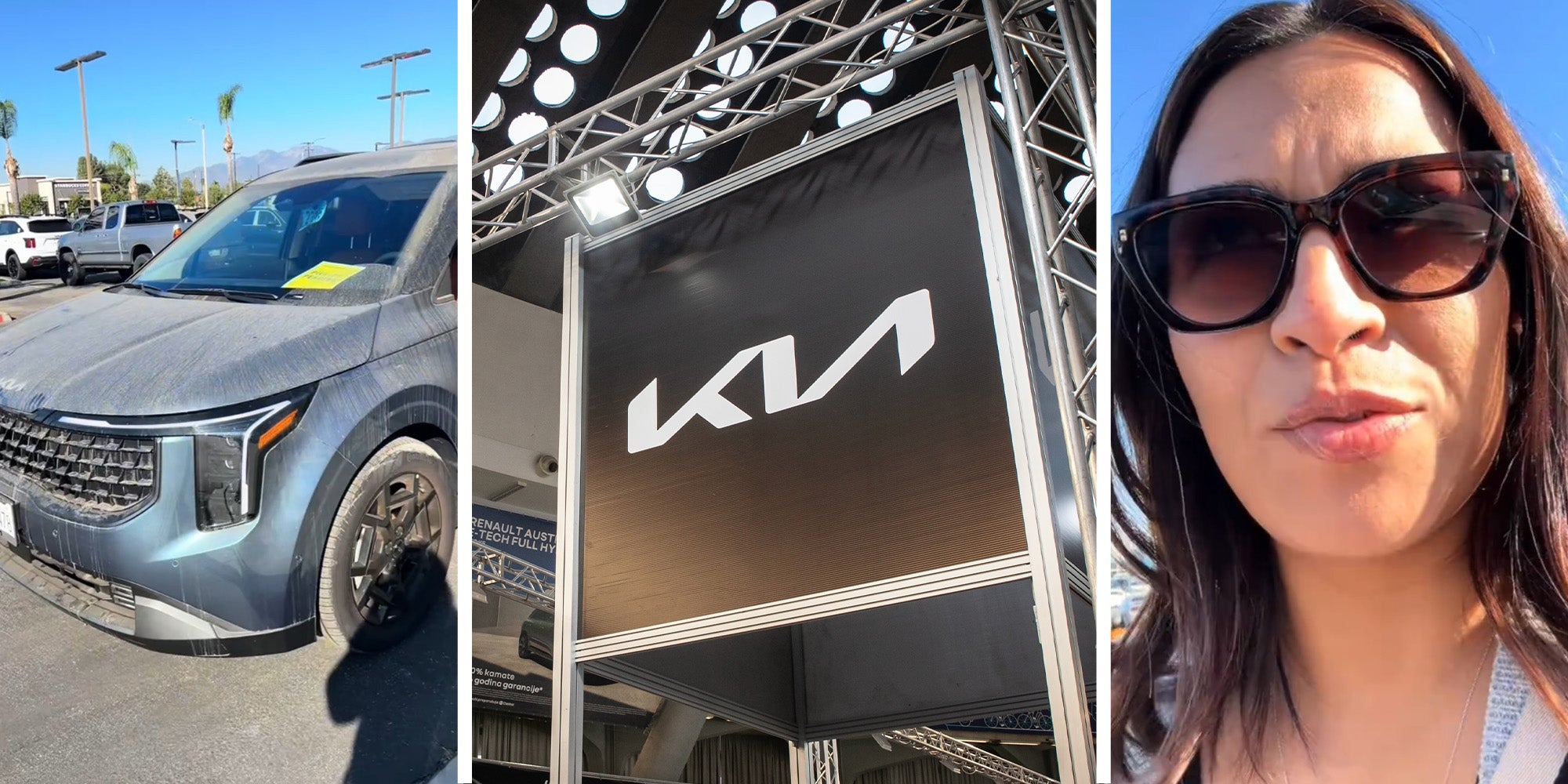 Dusty Kia Carnival(l) KIA dealer sign(c) Woman wearing sunglasses(R)