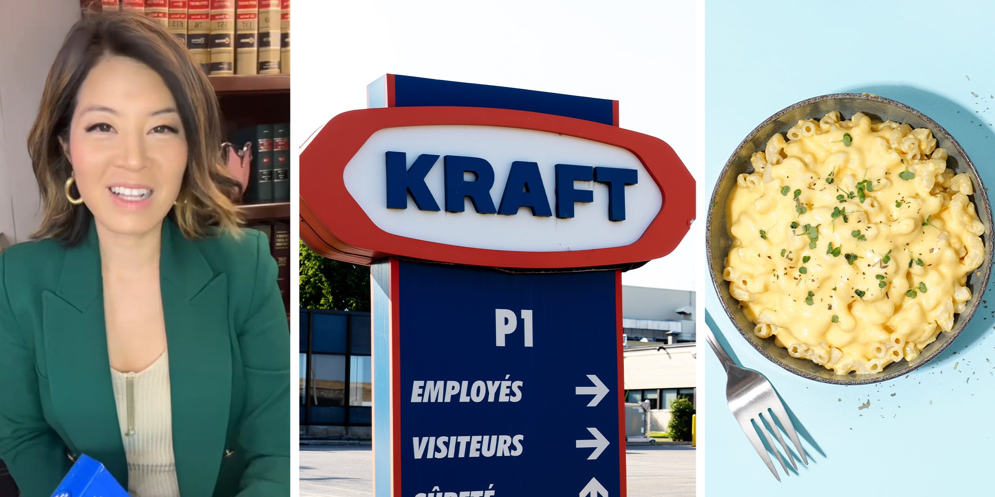 Lawyer sharing lawsuit information(l) Kraft Sign(c) Mac and Cheese(r)