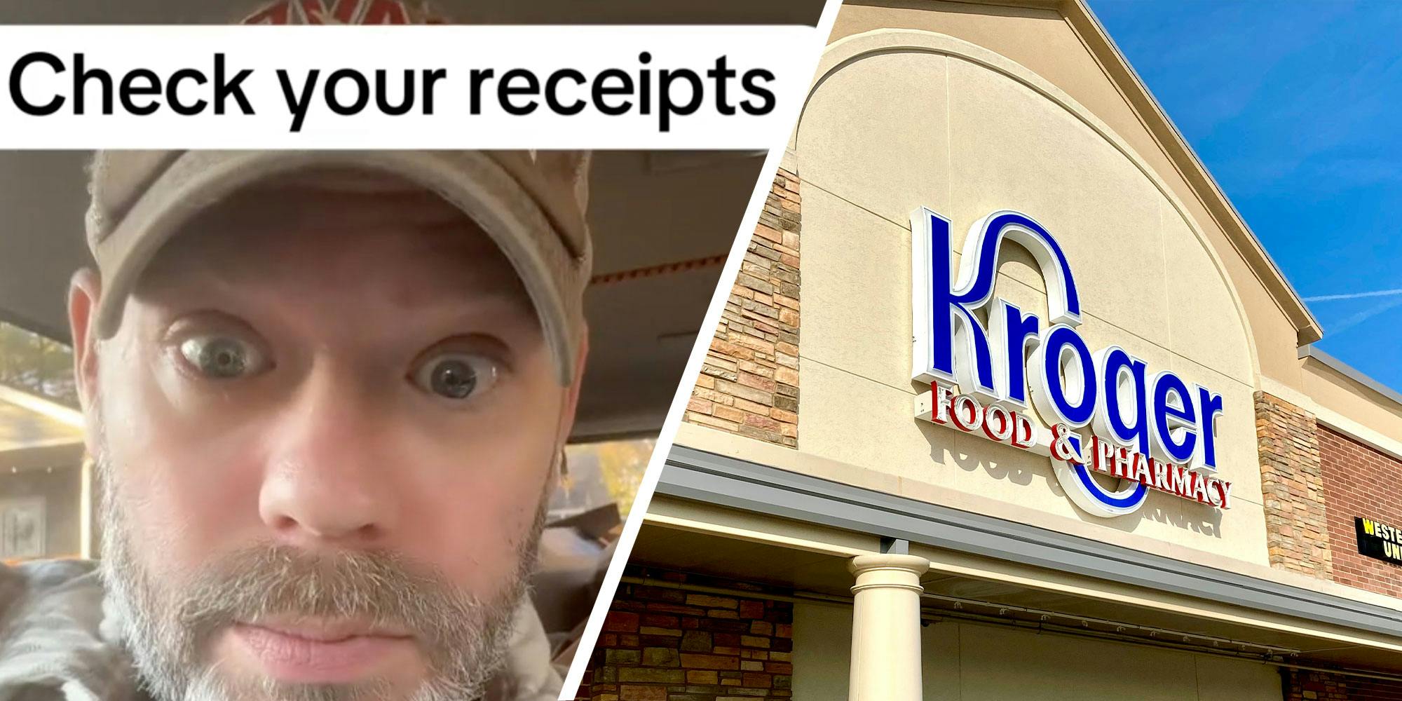 Two panel design with one showing a close up of a mans face is disbelief and the 2nd of the outside of the Kroger grocery store.