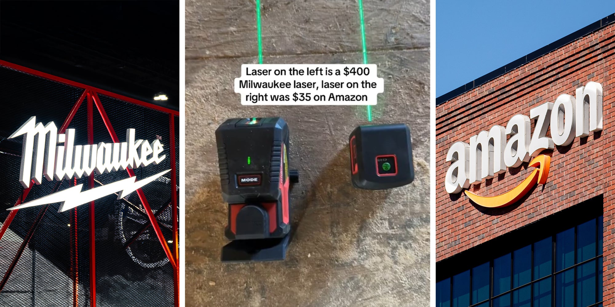 Milwaukee Brand(l) Laser side by side(c) Amazon Logo on building(r)