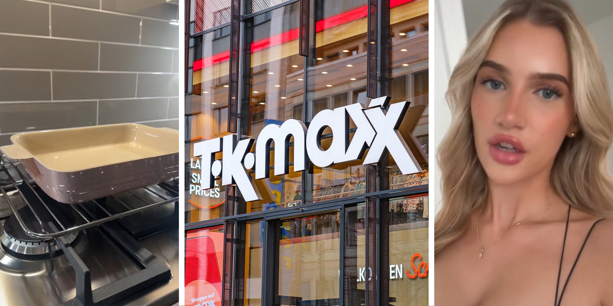 Le Creuset on stove(l) T.K . Maxx Store Sign(c) Woman sharing what happened to her ceramic dish when it was on the oven(r)