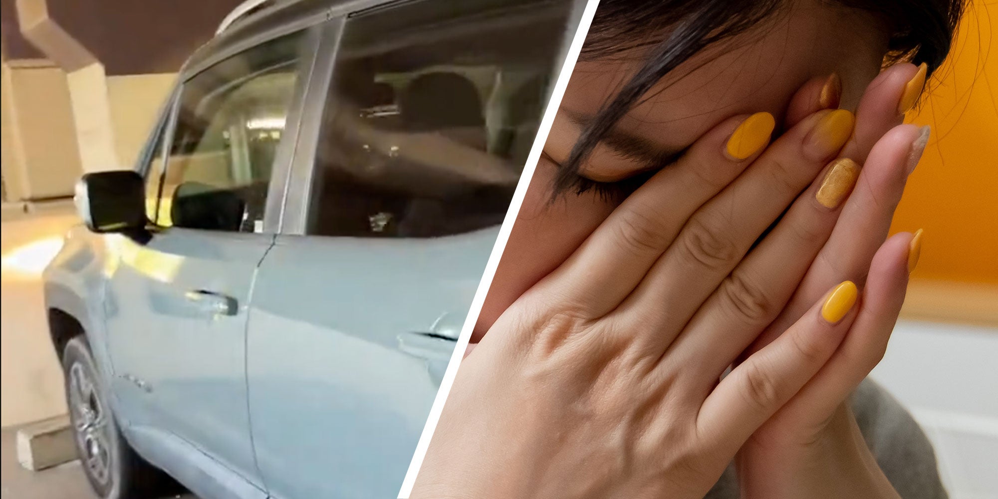 two panel design with a car in one and a stressed woman in the other