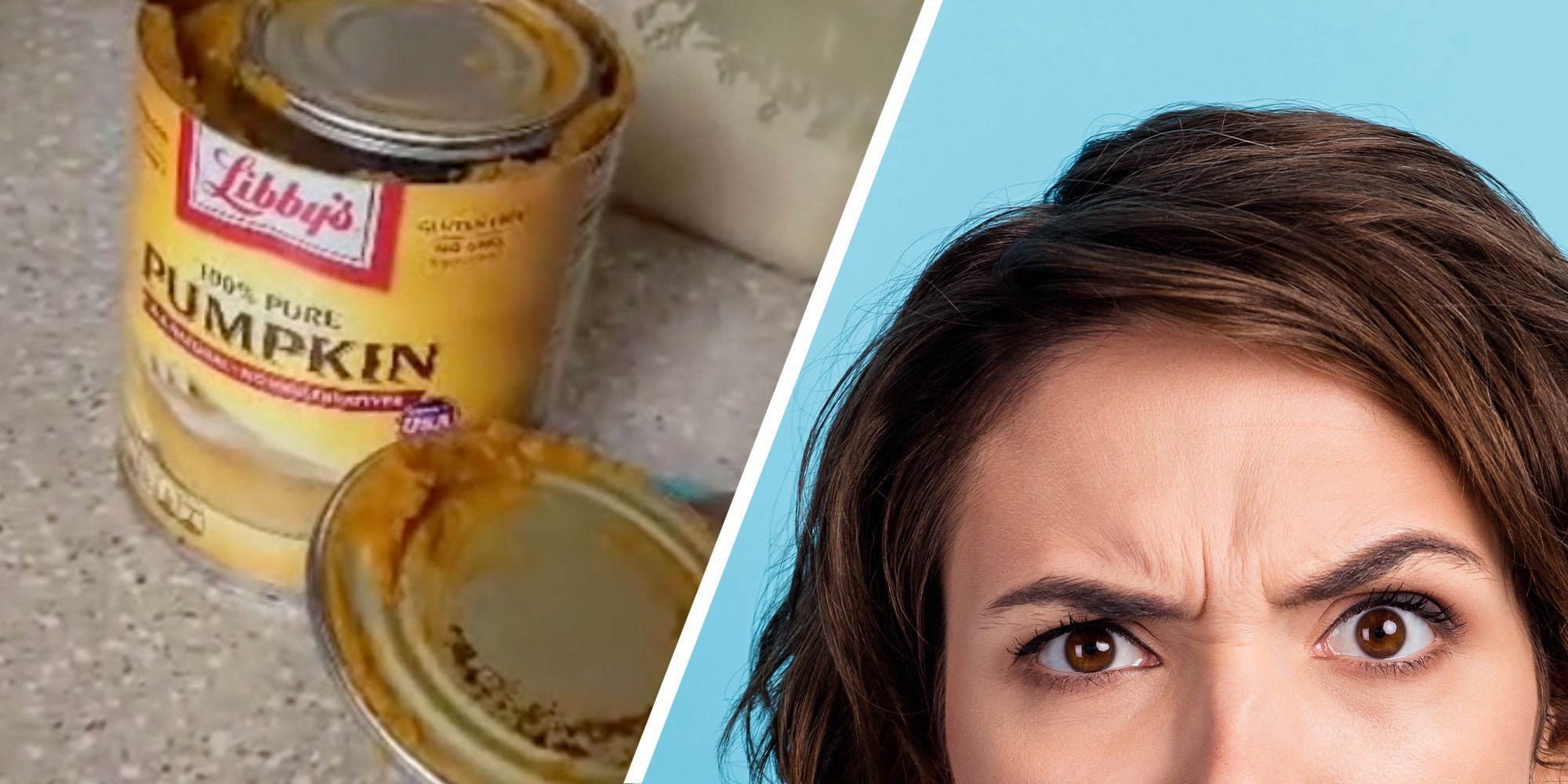 two panel design with a libby pumpkin can that has been open in one, and a woman looking confused and concerned in the other