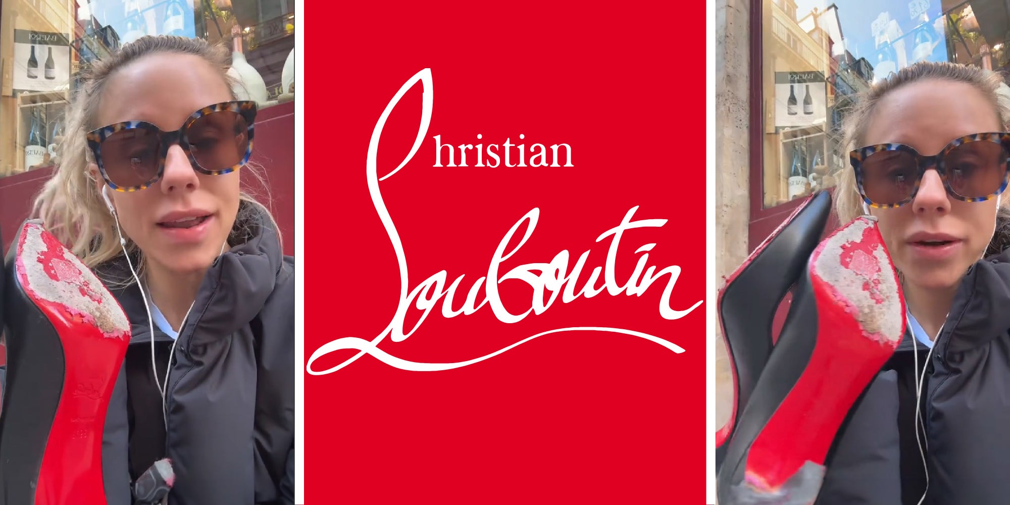 3 panel image: on the sides a person holds up a high heel shoe, in the middle is the logo for Christion Louboutin