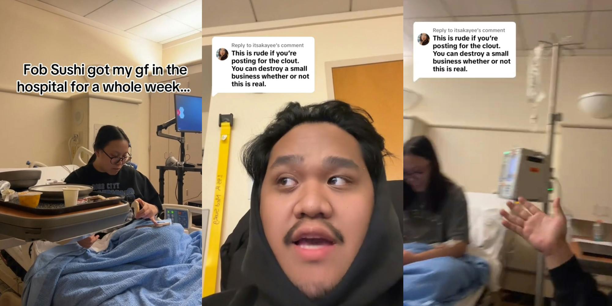 People looking at the camera and in a hospital bed.